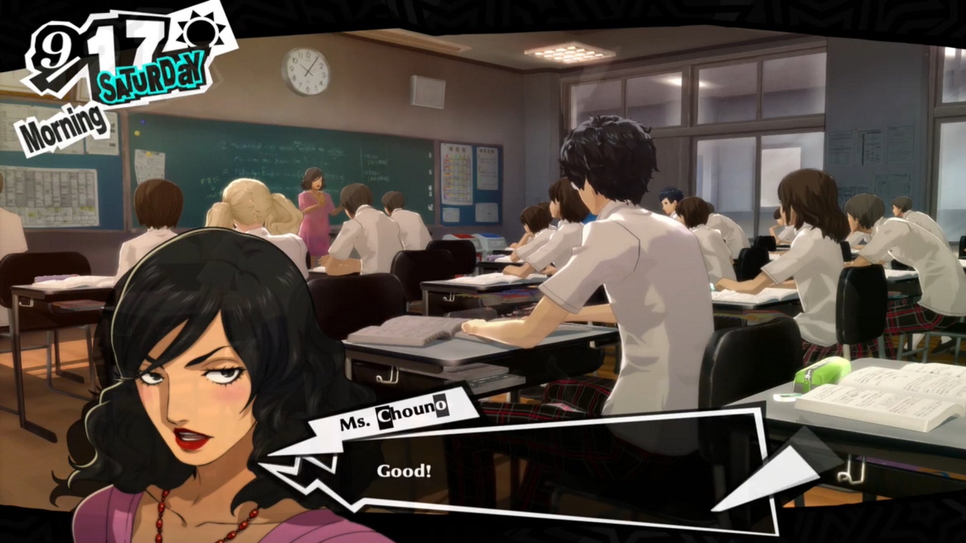 Persona 5 Royal classroom answers September: An anime woman praises a student in her classroom