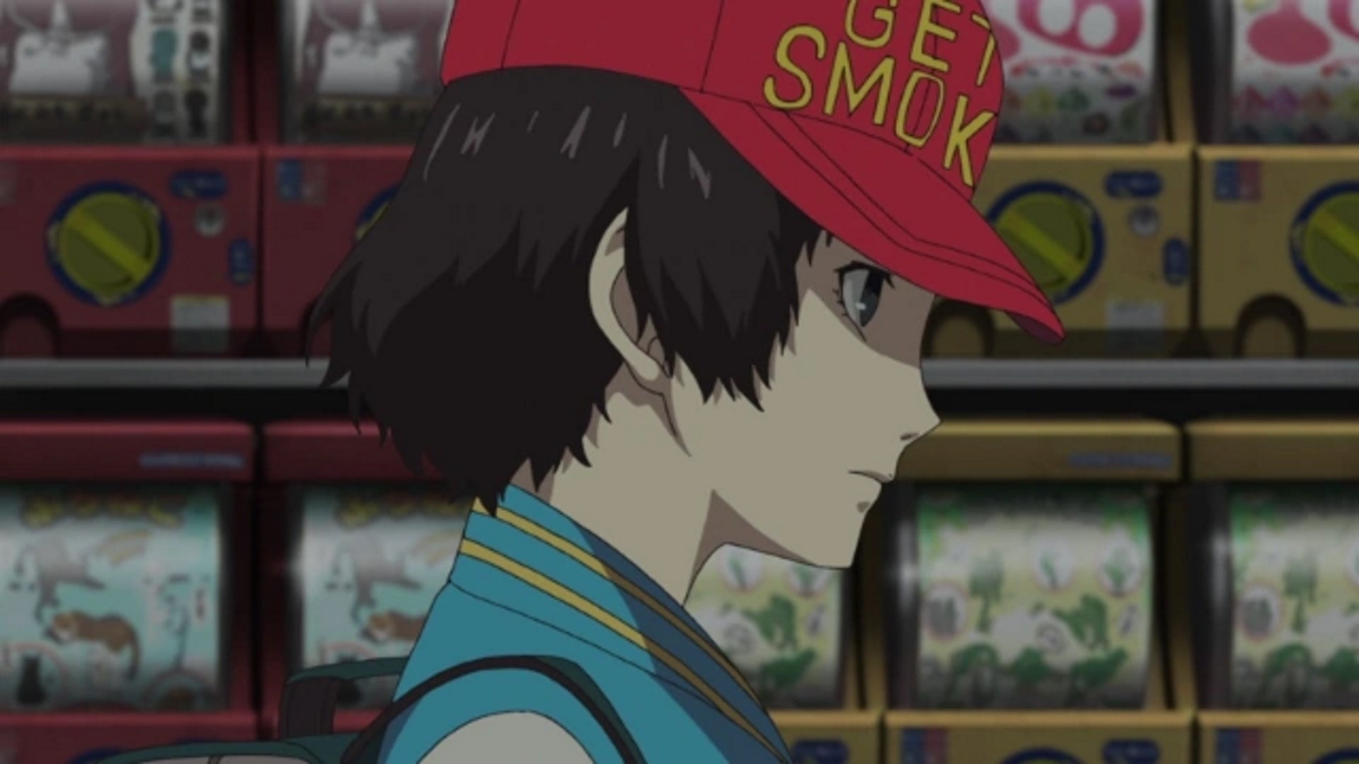 Persona 5 Royal Shinya Confidant: An anime boy in a red cap and blue jacket is walking through a crowded shopping district