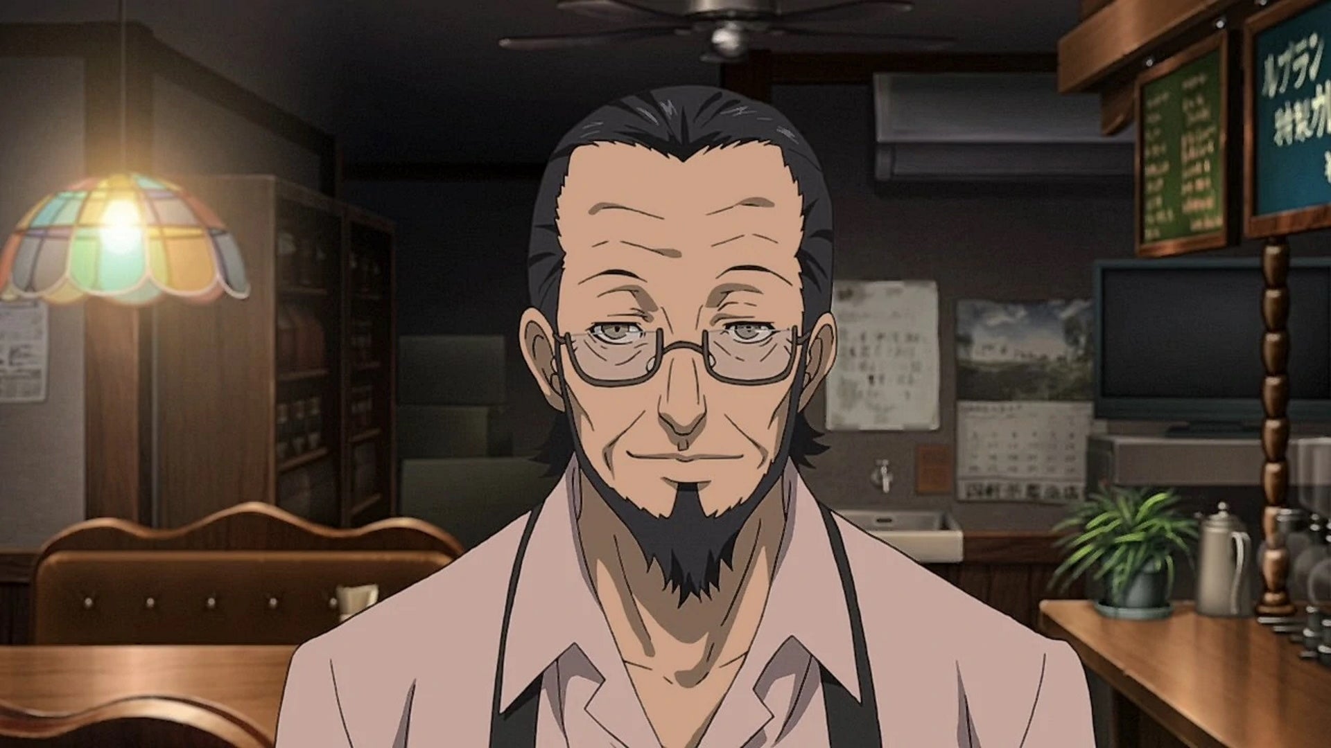 Persona 5 Royal Sojiro Confidant: An anime middle-aged man wearing a pink shirt and glasses stands in a dimly lit cafe