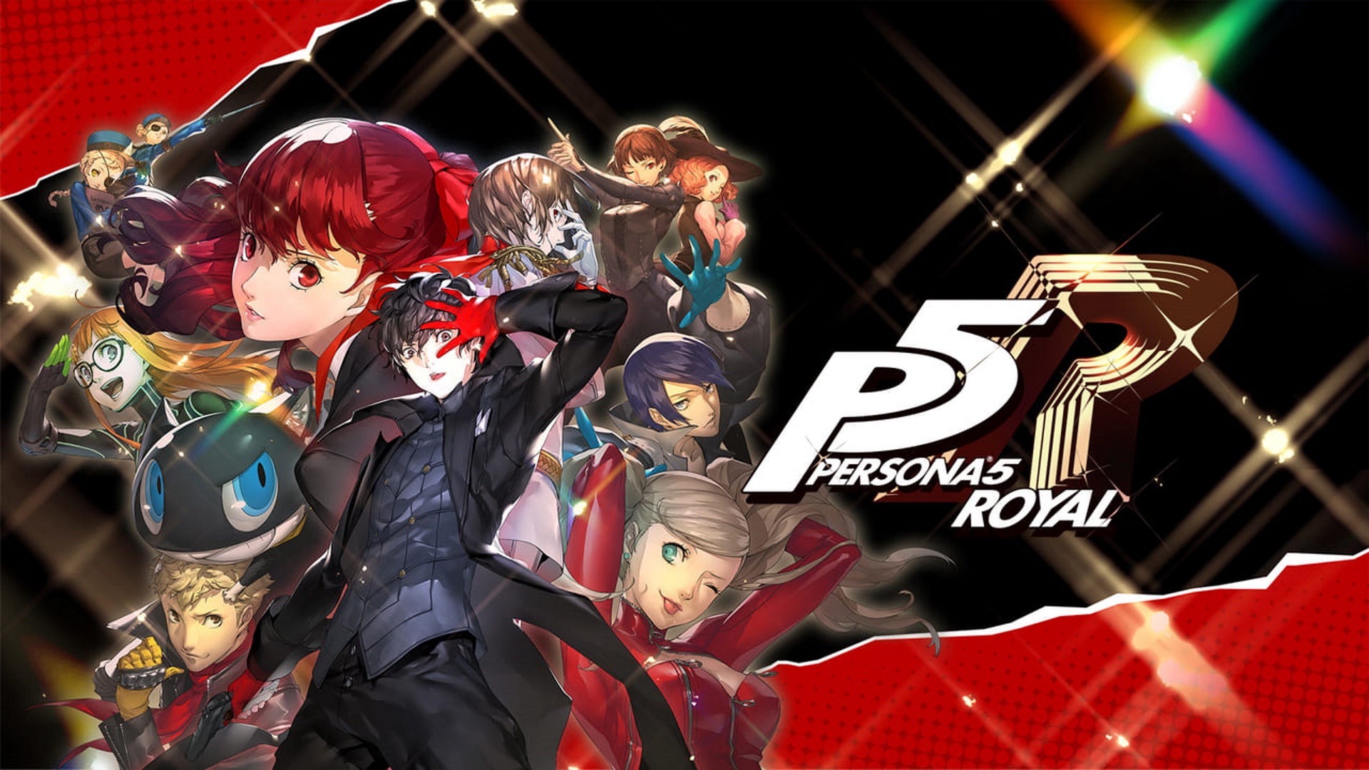 Persona 5 Royal true ending requirements: A group of anime teenagers stands against a red and black background with white and gold letters and numbers spelling out P5R