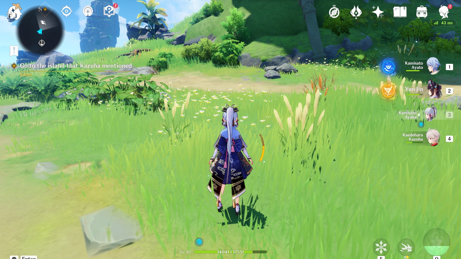 A party of characters hunts for Phantasmal Conch shells on the open plains of an island with clear skies in the background