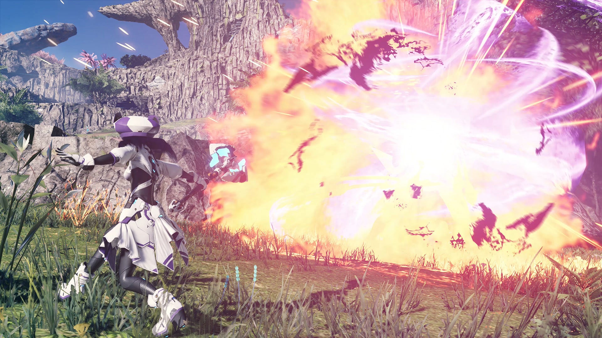 A player walks away from an explosion in Phantasy Star Online 2: New Genesis
