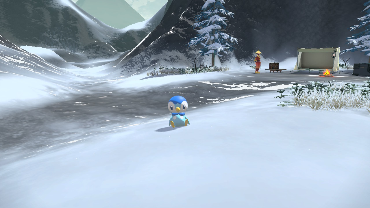 Piplup sentou-se na neve em um acampamento em Pokemon Legends: Arceus