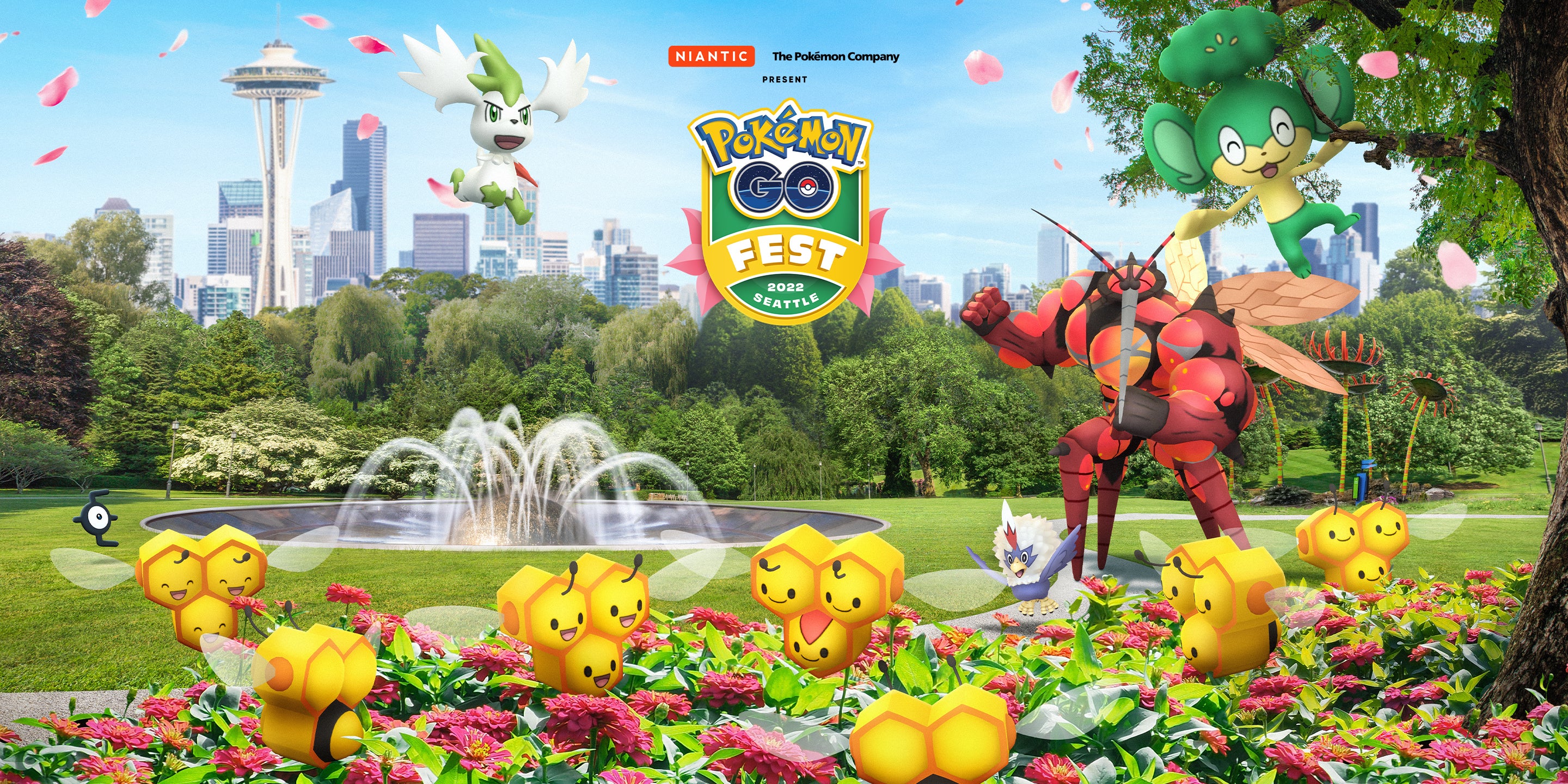 Buzzwole, Combee and Shaymin frolic in a fountain at Pokemon Go Fest 2022 in Seattle