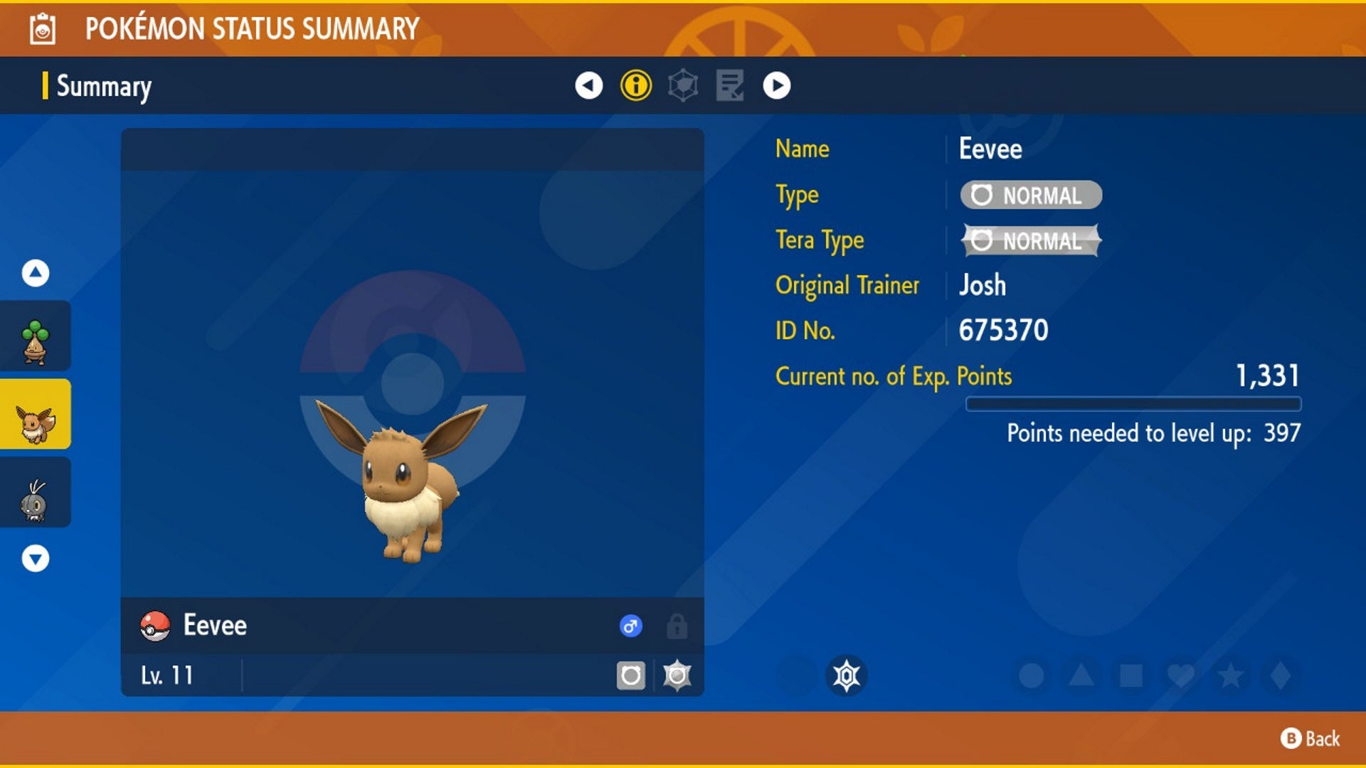Pokemon Scarlet and Violet Hidden Abilities: A menu page shows Eevee, a small brown dog-like creature with large ears, in the center