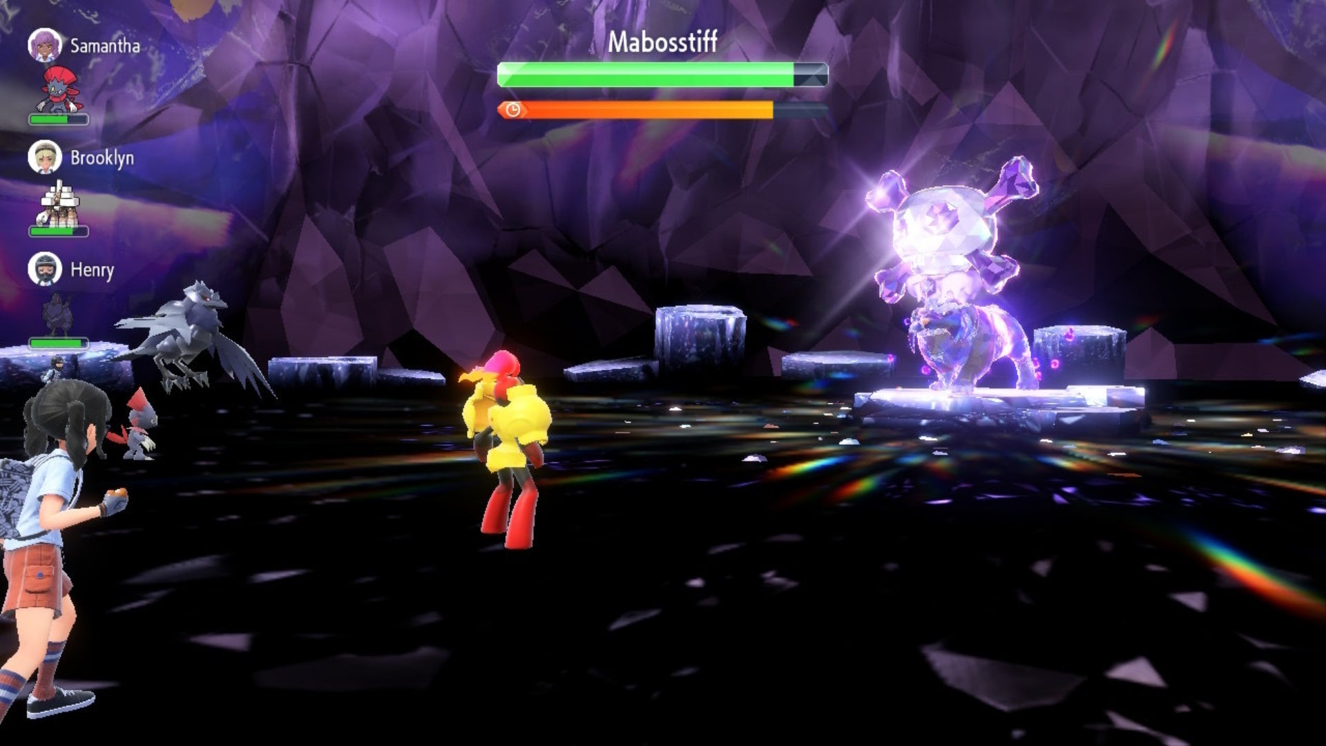An Armarouge facing off against a Mabosstiff in a Pokemon Scarlet and Violet 6-Star Raid