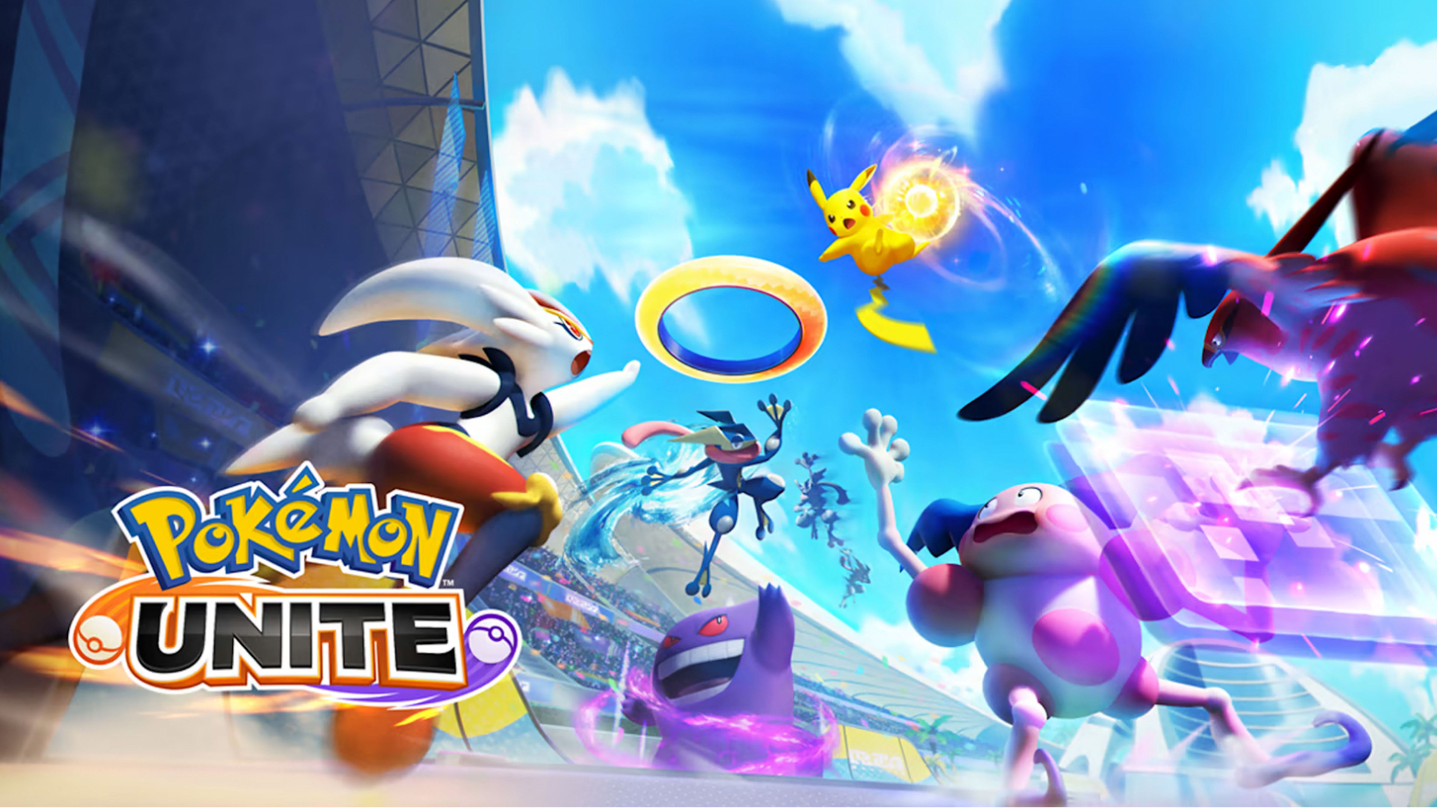 Artwork for Pokemon Unite showing characters like Pikachu, Gengar and Mr Mime facing off in a frenetic battle.