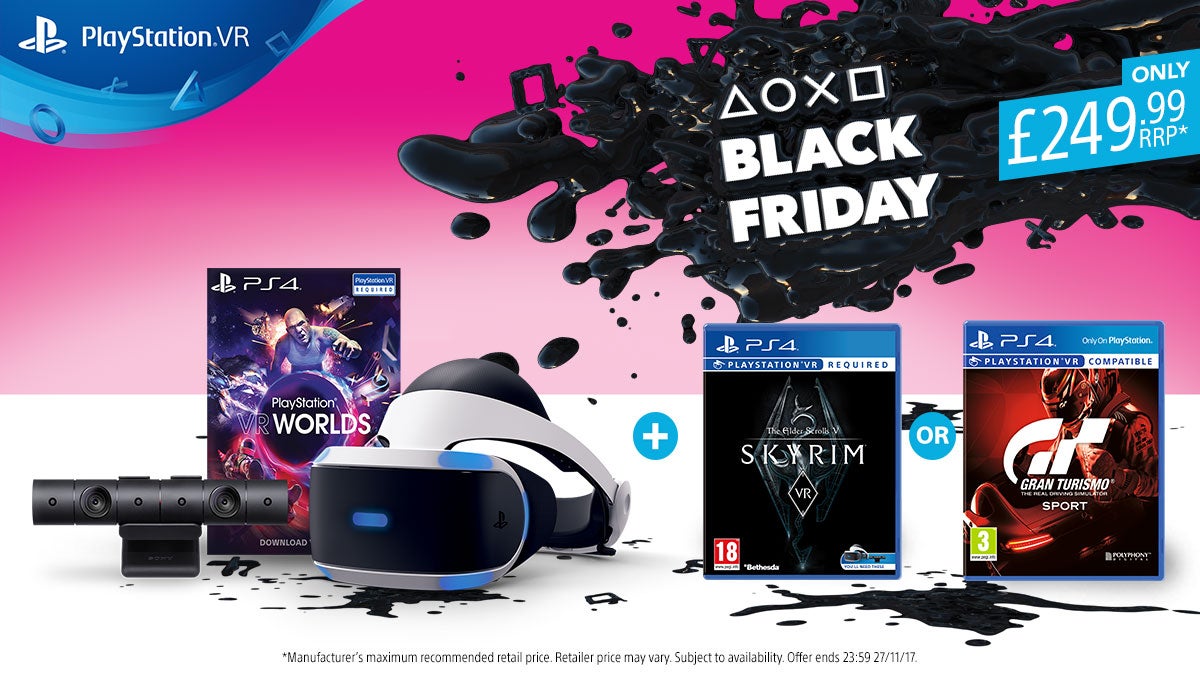 Image for PSVR headset with camera, PSVR Worlds and Skyrim VR or Gran Turismo Sport discounted to £249.99 today