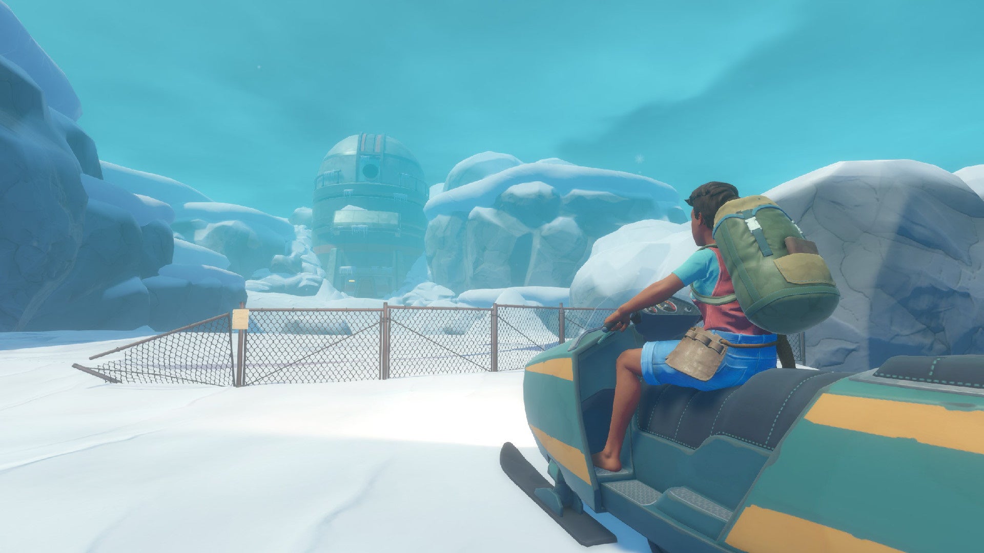 A character on a snowmobile rides towards the research station on Temperance Island