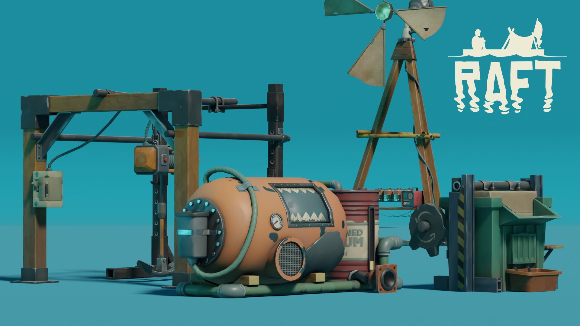 New machines in Raft, including the Wind Turbine and Recycler, against a blue background