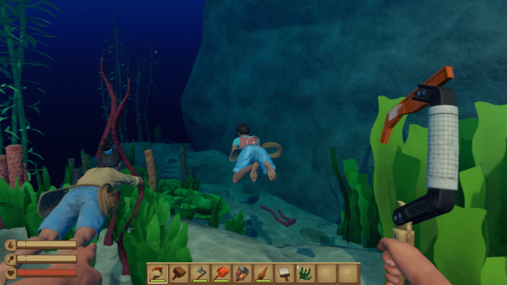 Three players swim through seaweed to find resources in Raft