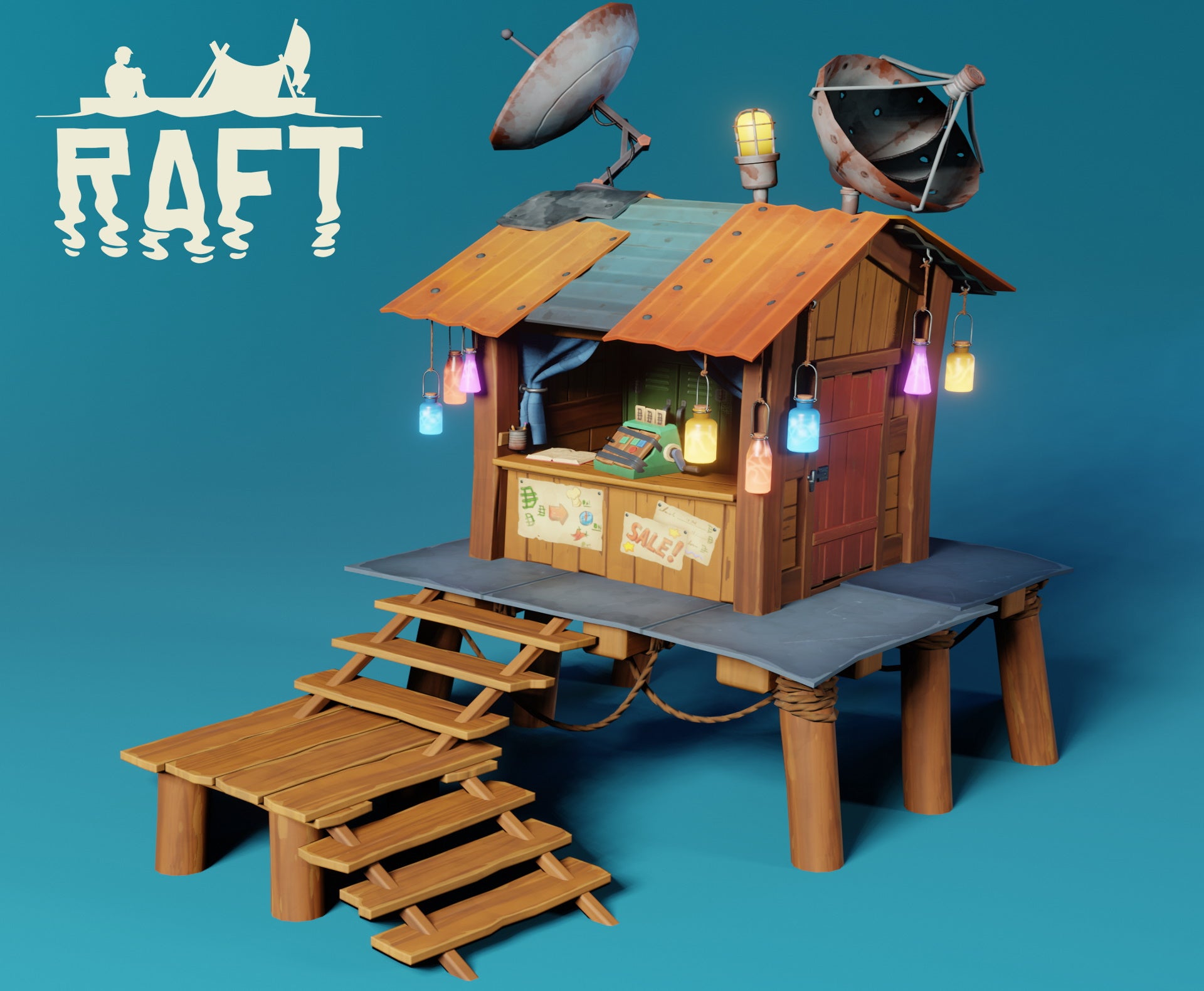 The trading post in Raft where you spend Trash Cubes sits against a blue background