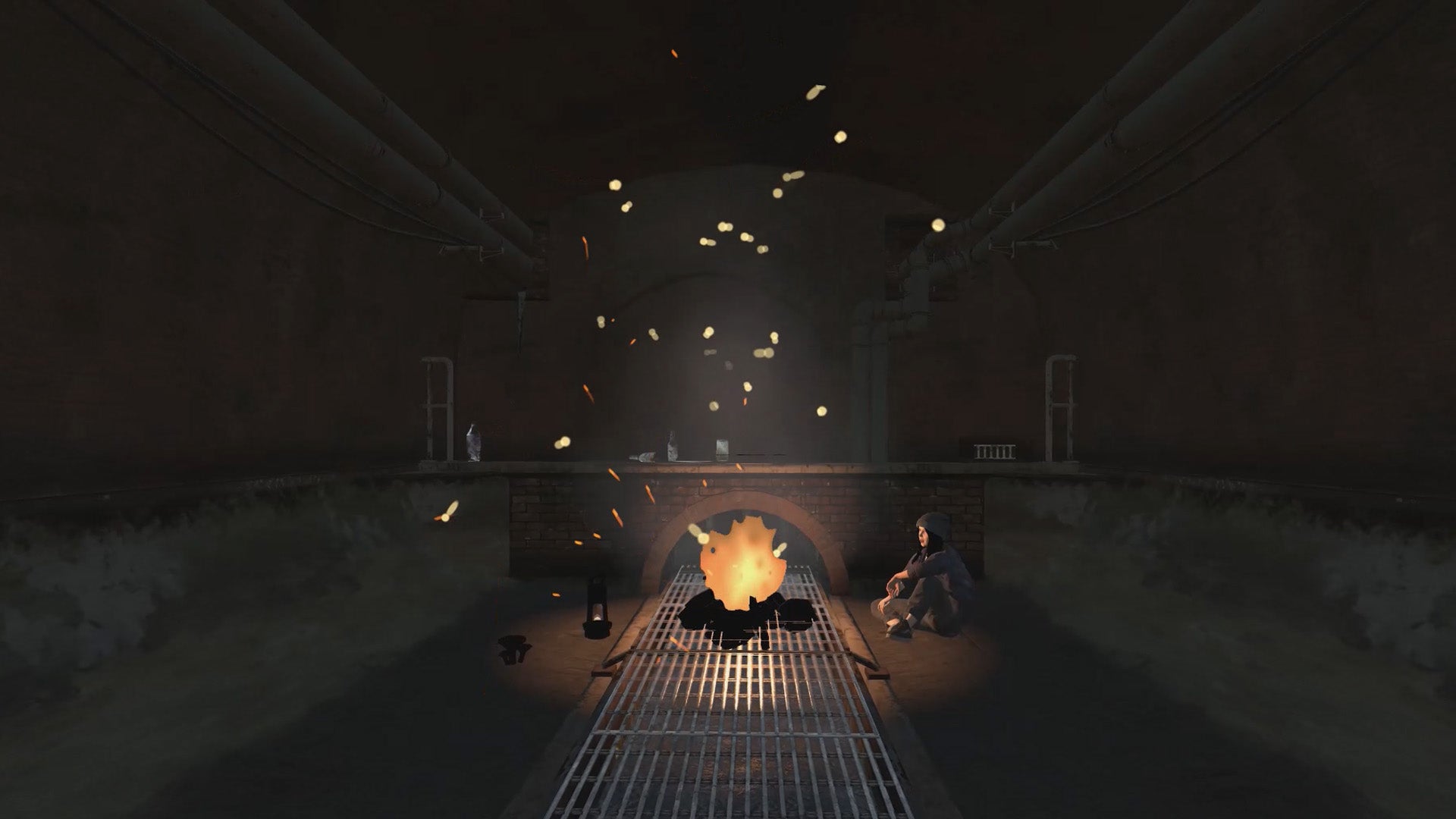Screenshot from the trailer for Refund Me If You Can showing a young woman in a sewer sitting in front of a fire.