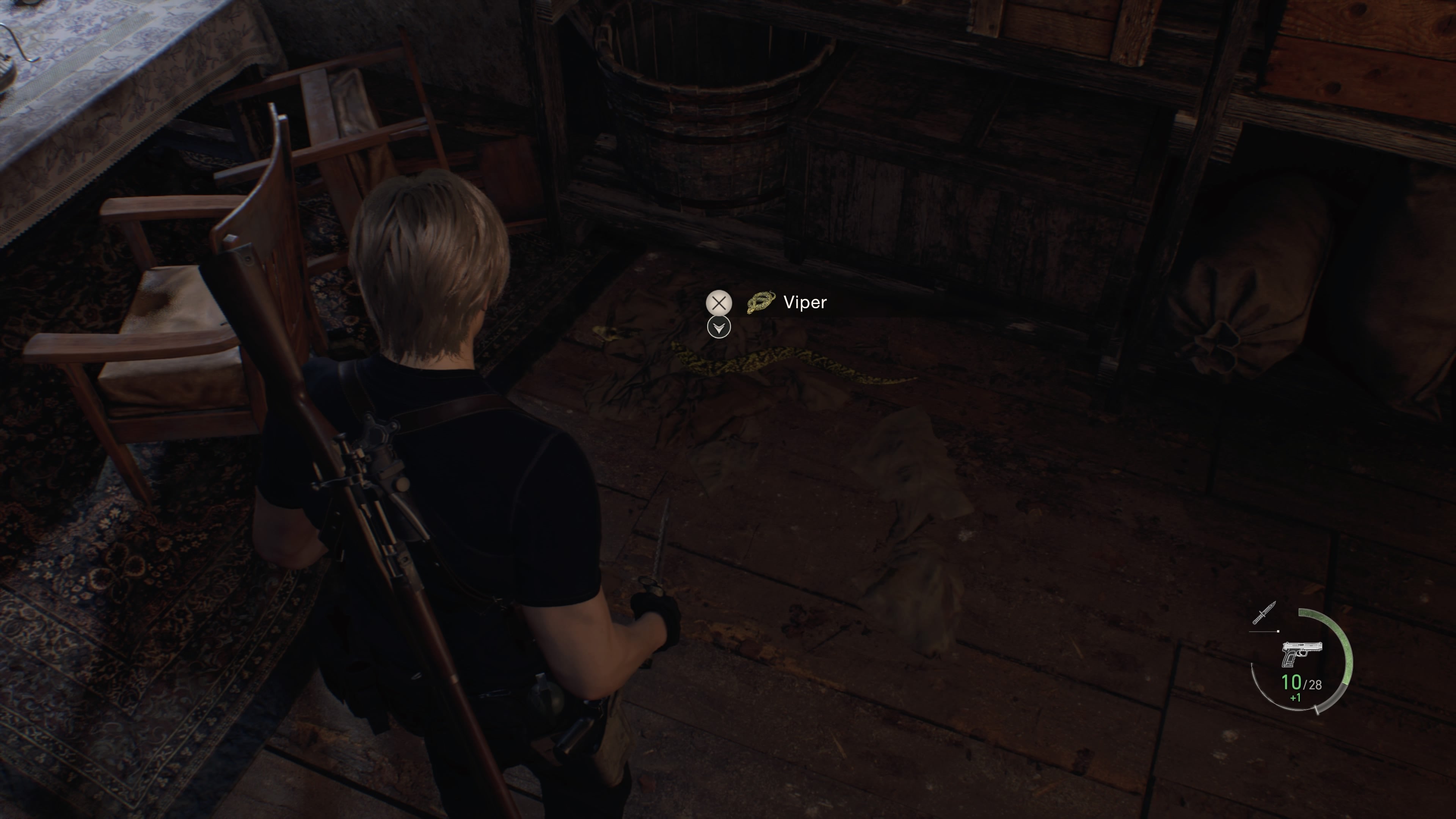 Leon Kennedy standing over a viper in Resident Evil 4