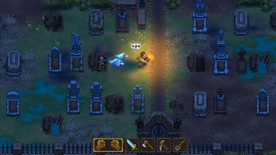 The graveyard in Graveyard Keeper, but the keeper is being visited by a ghost.