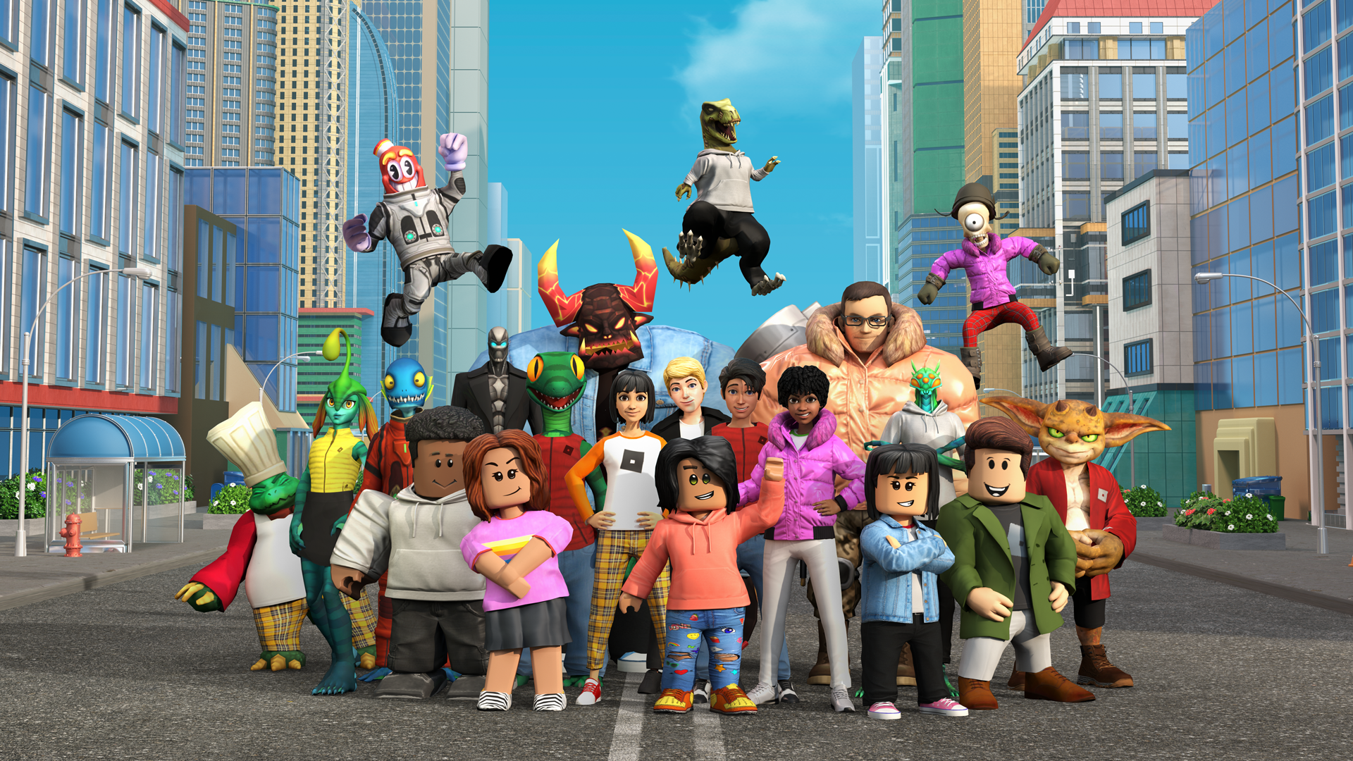 Multiple Roblox characters standing in a street