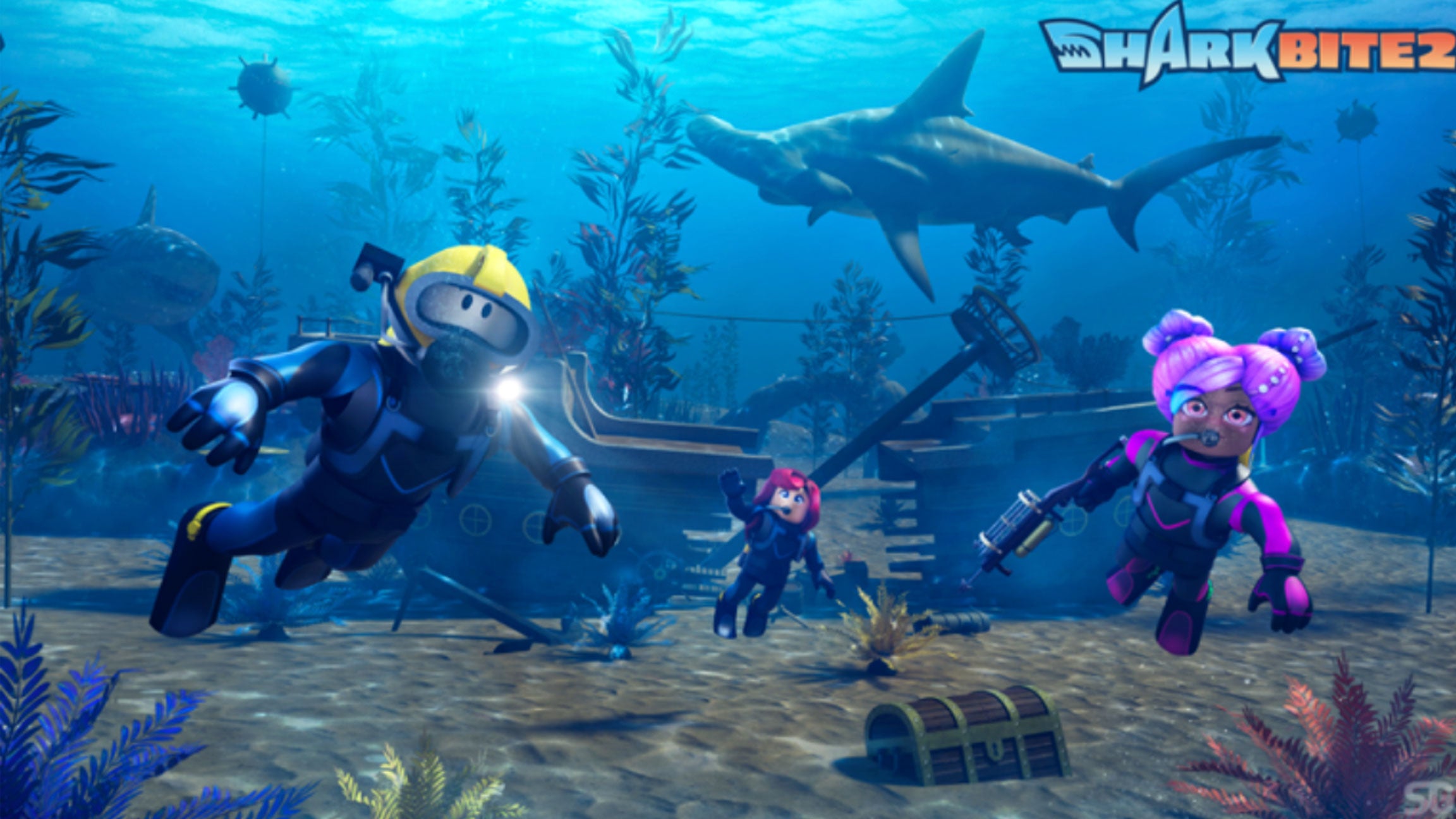 SharkBite 2 key art showing Roblox characters underwater and a shark lurking in the background.