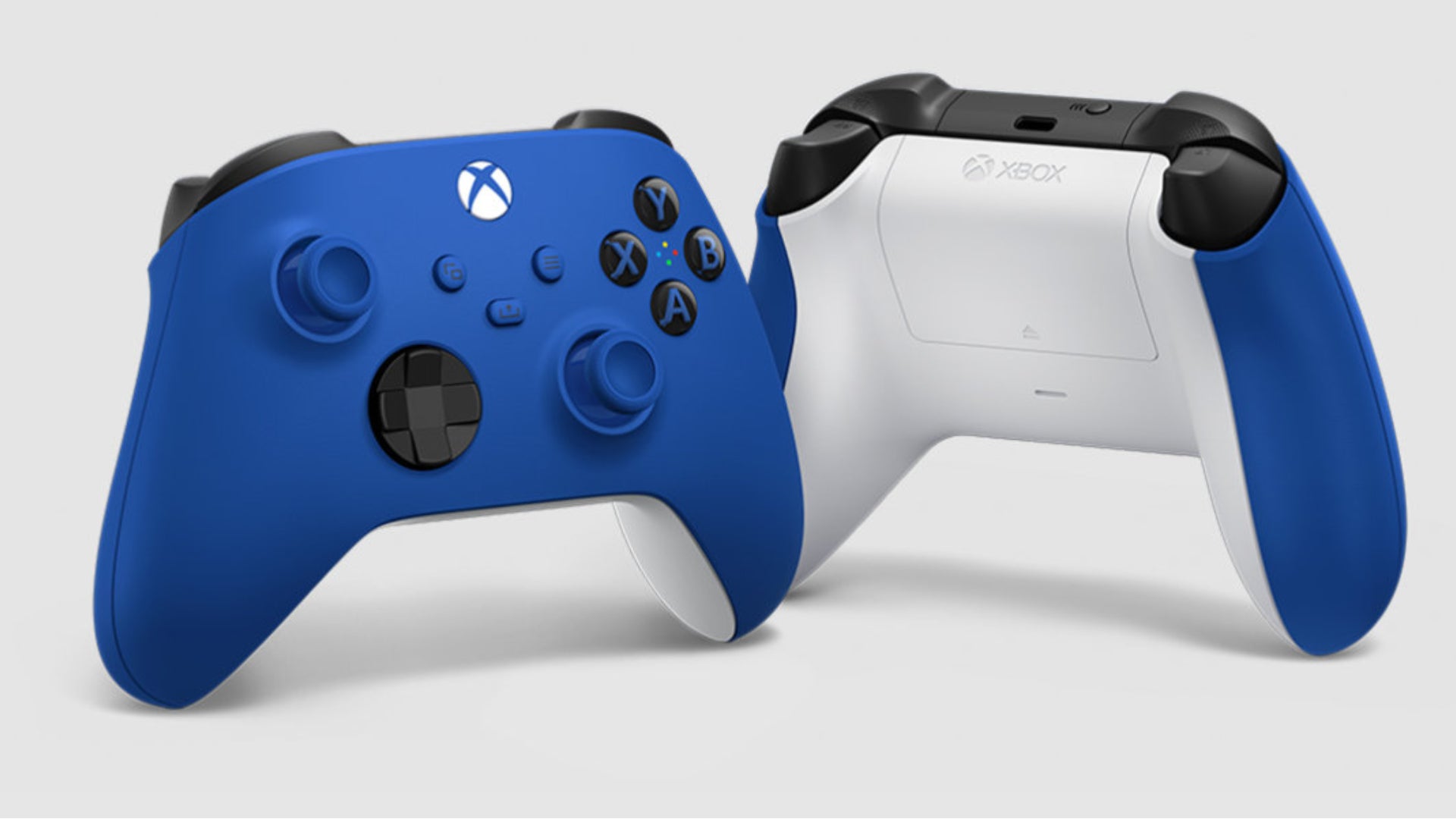 Front and back image of the Xbox Wireless controller in Shock Blue colour wave.