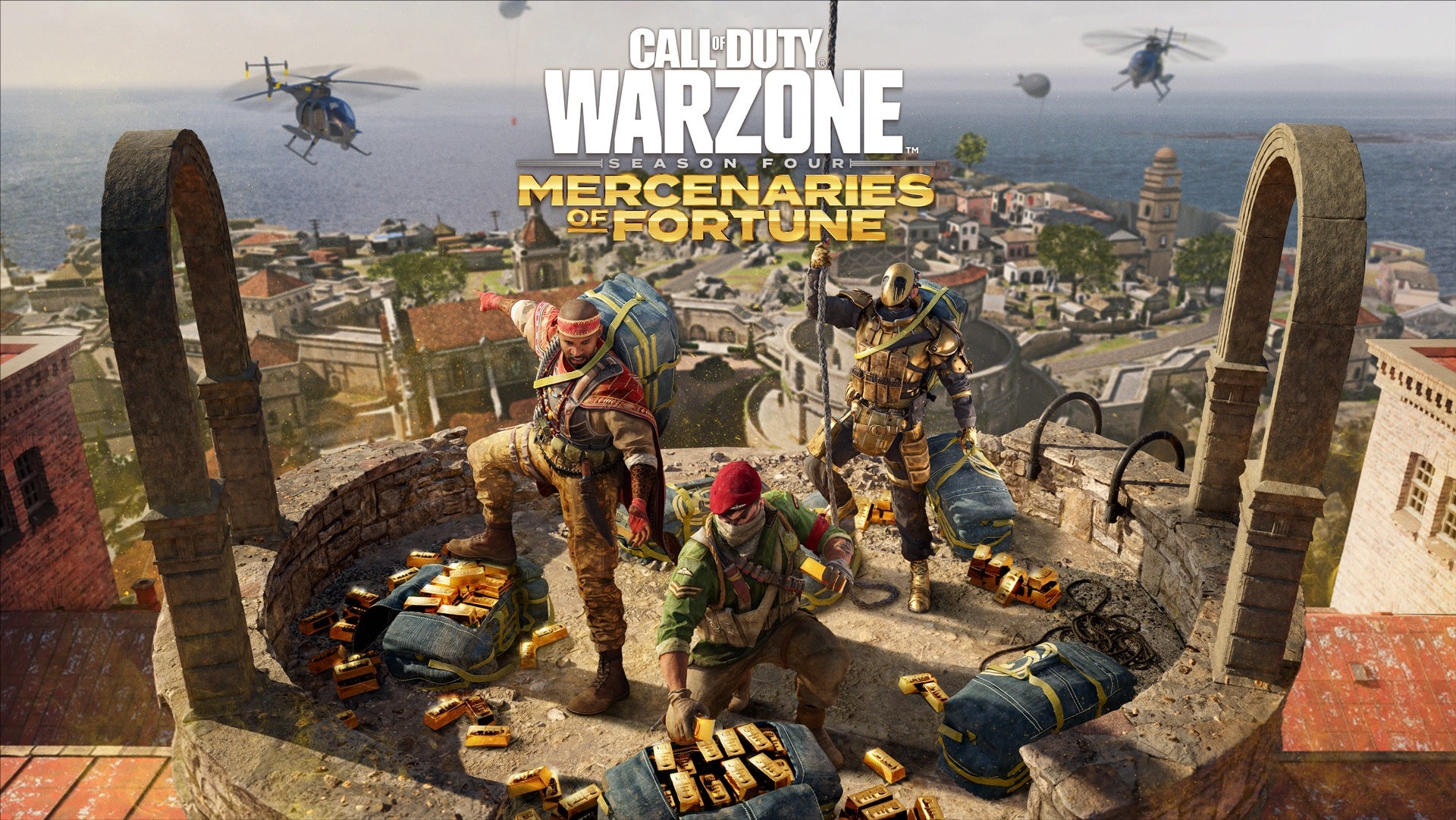 Official Warzone season 4 image showing soldiers and gold on rooftop