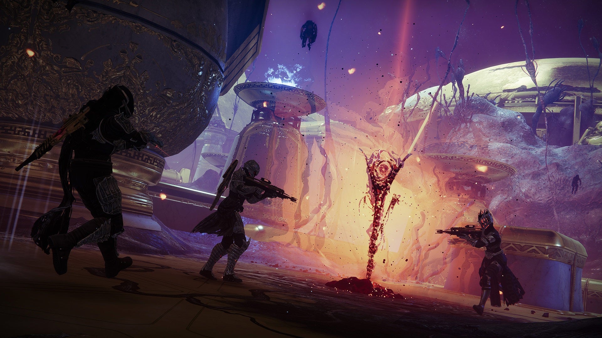 Thee guardians surrounding a mysterious dark pillar in Season of the Haunted.