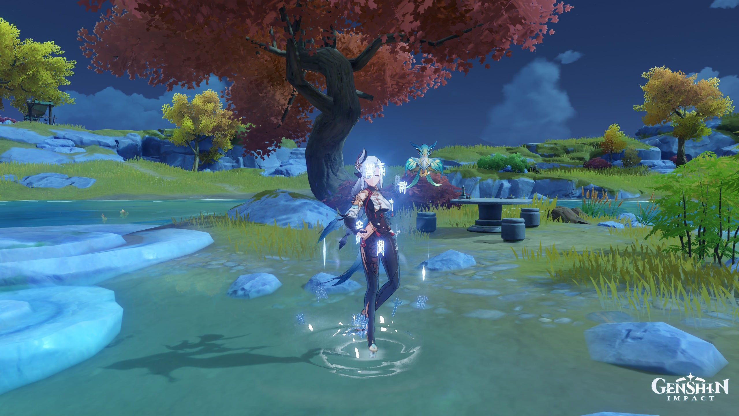 Genshin Impact Shenhe materials: An anime woman wearing a black leotard with gold trimming, and a cape that resembles blue and white feathers, is standing in a shallow lake. Ice swirls around her, contrasting sharply with the orange and yellow foliage of nearby trees