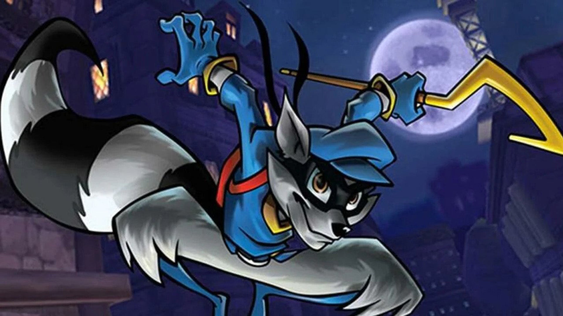 Art of Sly Cooper jumping down from a ledge looking into the camera.