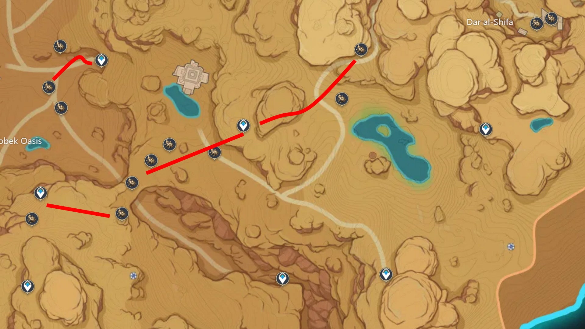Genshin Impact Scarab locations: A map showing scarab farm routes near Sobek Oasis