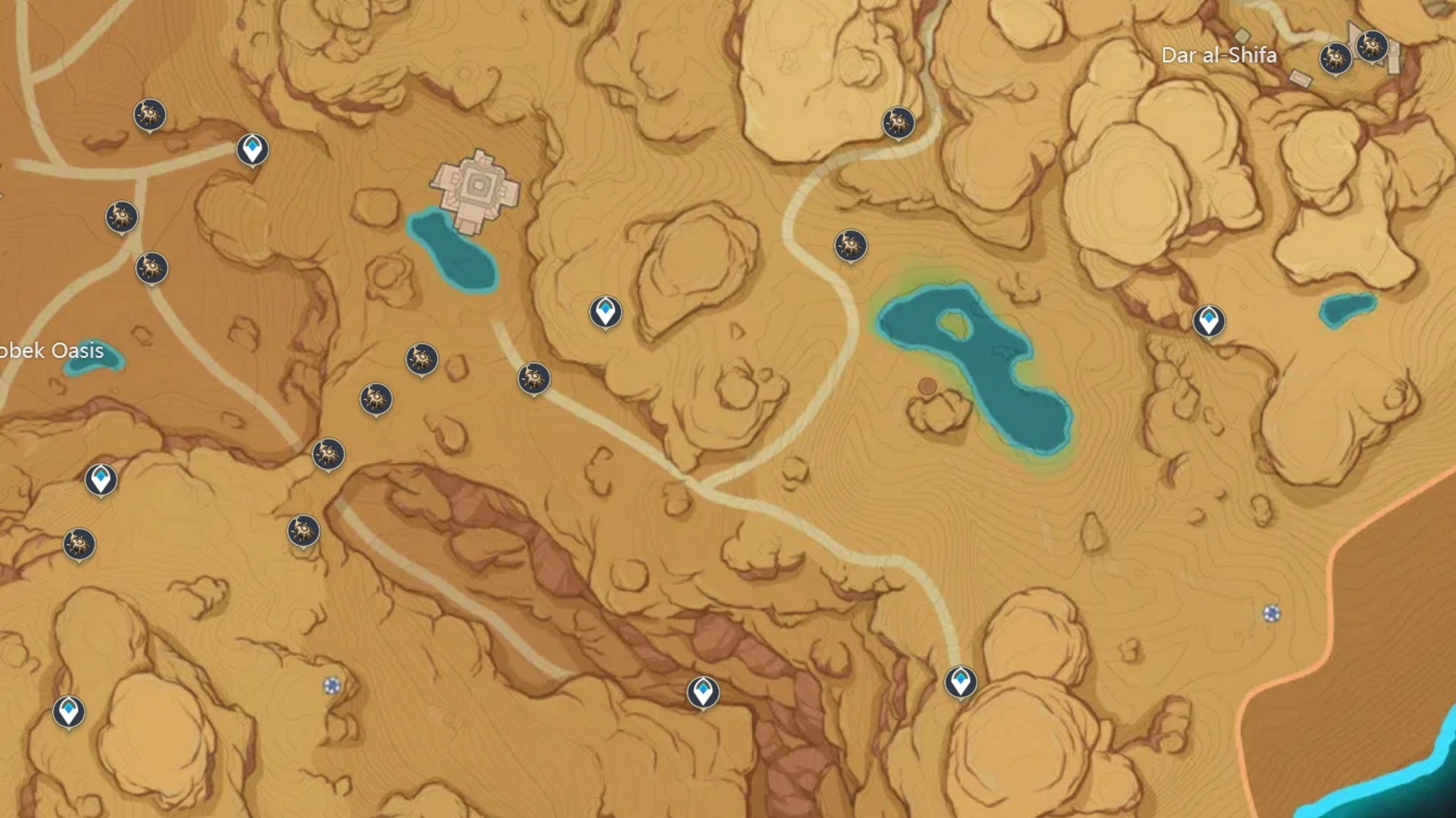 Genshin Impact Scarab locations: A map image showing Sobek Oasis scarab locations