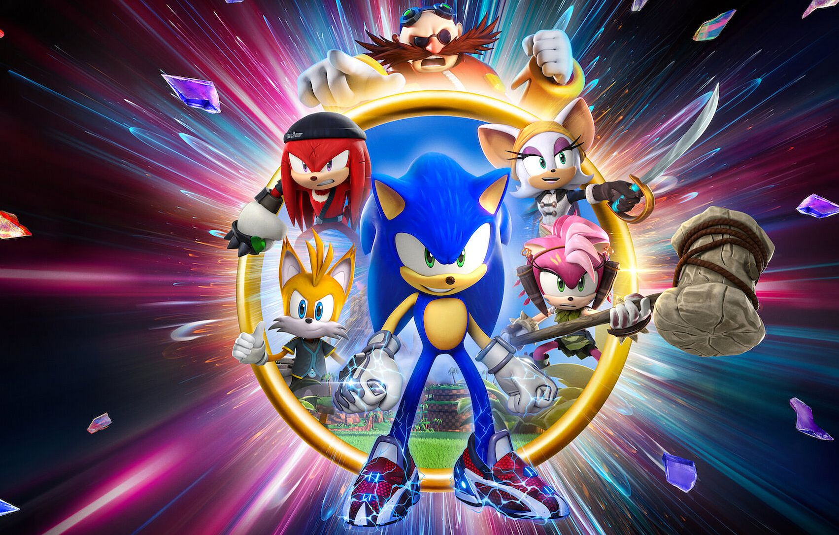 Sonic Prime artwork showing Sonic, Tails, Knuckles, Robotnik, Amy Rose and Rogue