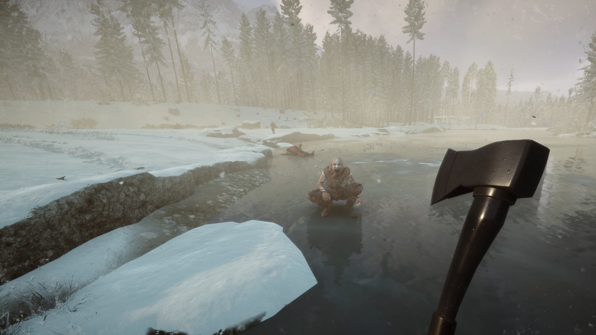 A mutant cannibal enemy in Sons Of The Forest crouches down on an iced over lake, watching the player approach with an axe.