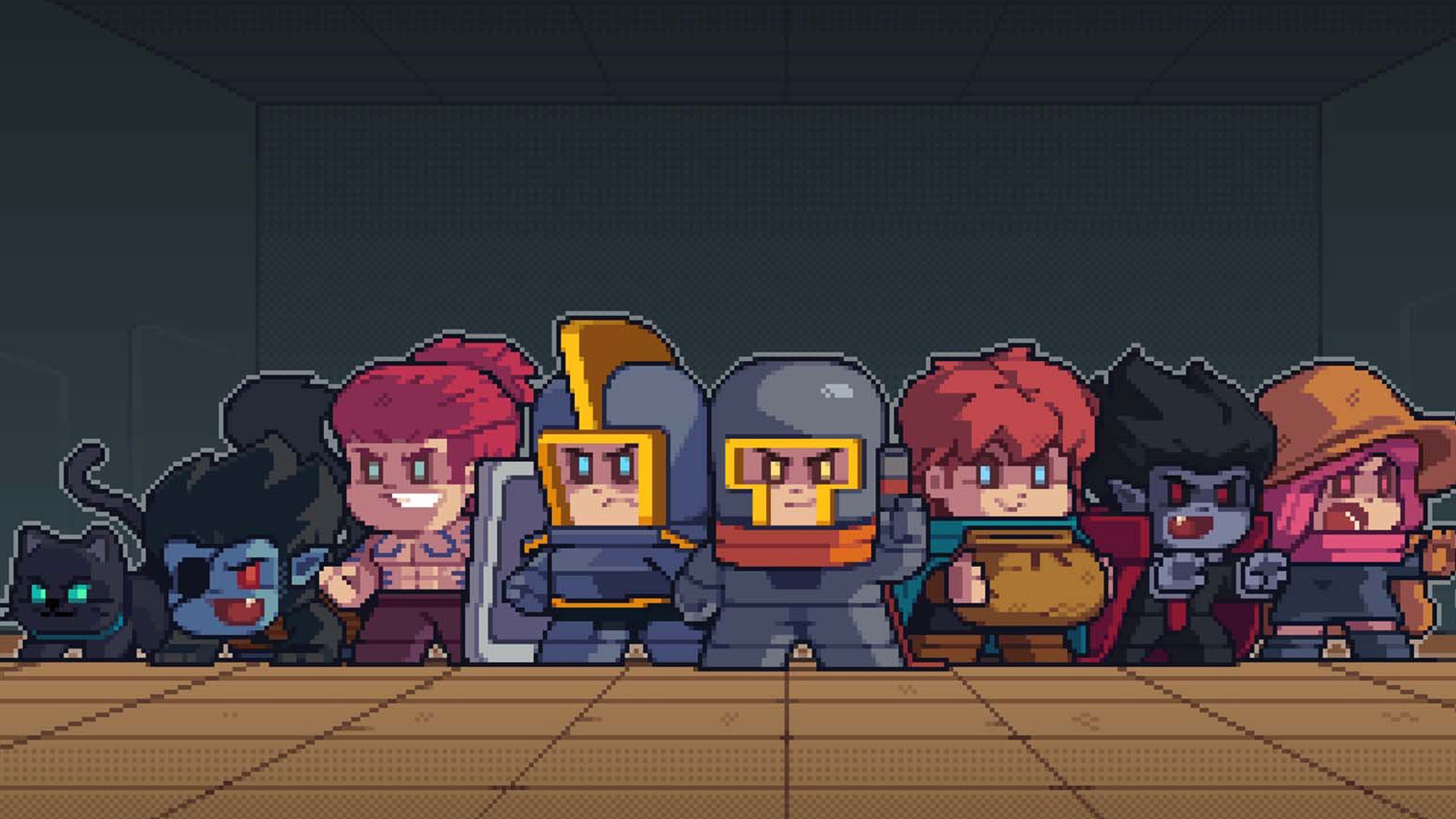 Pixelated artwork for mobile game Soul Knight showing an array of characters lined up and ready for battle.