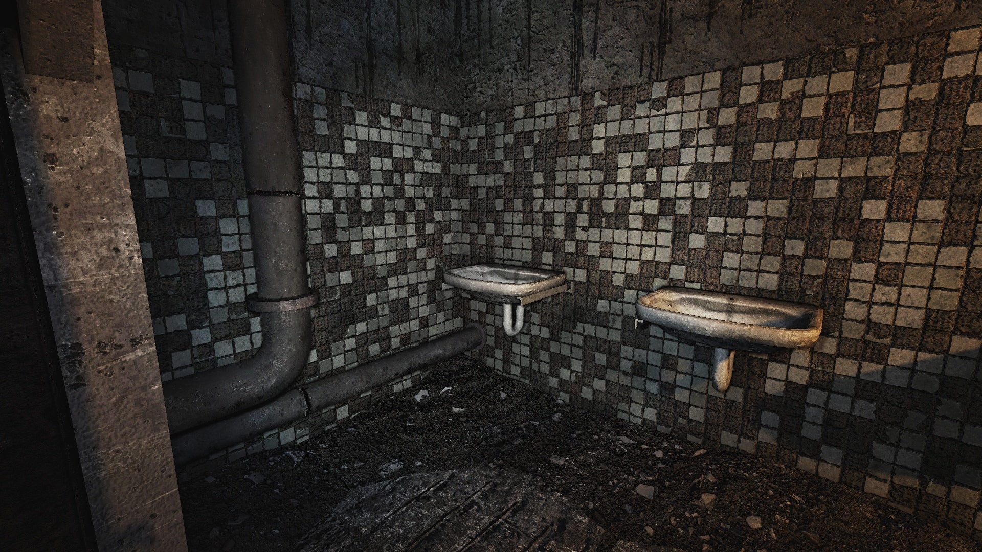 Player onlooks a bathroom with two sinks in fan made overhaul mod for STALKER: Shadow of Chernobyl.