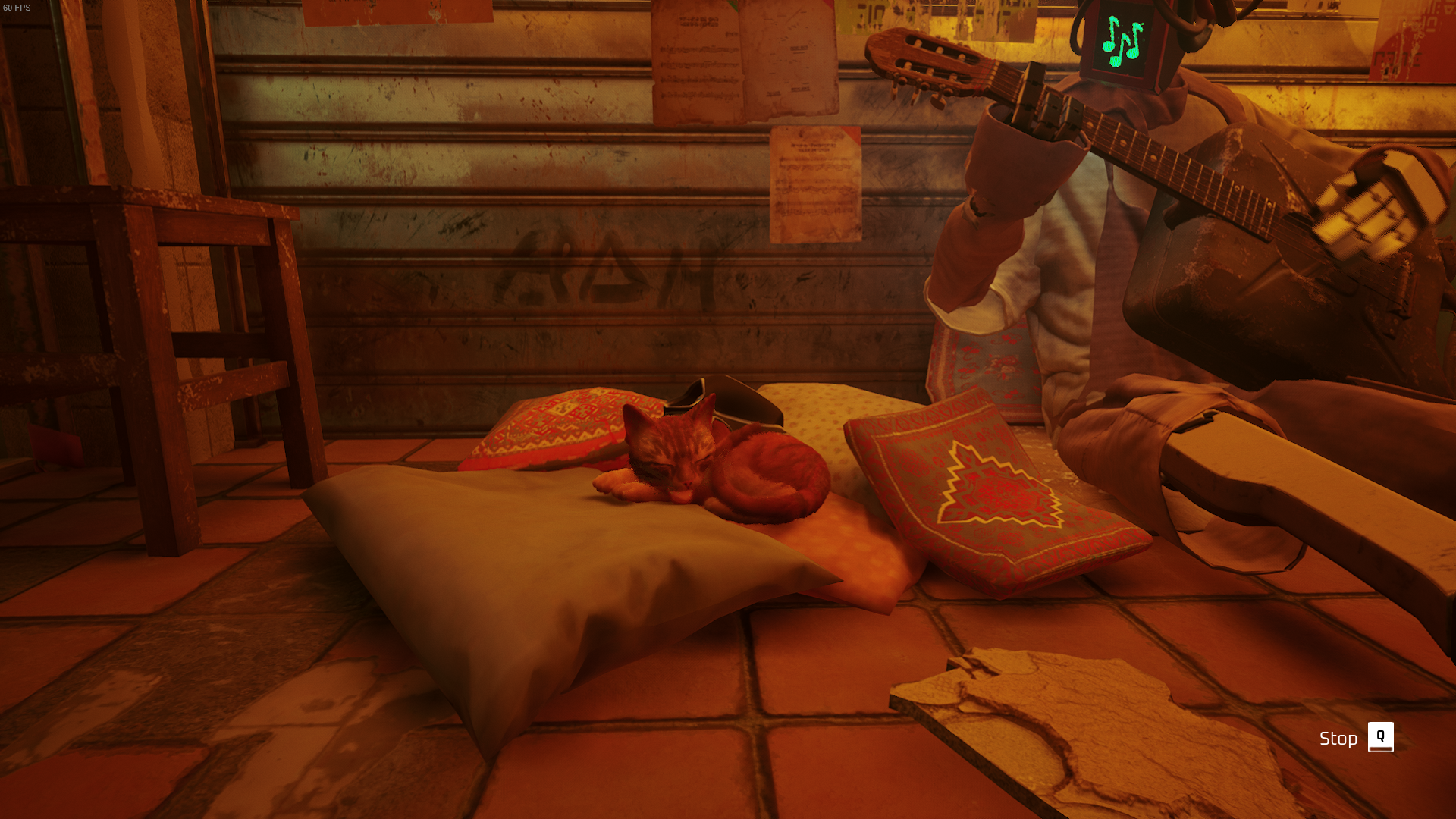 The Outsider, a cat, has a cat nap alongside musician Morusque in The Slums, while they play a song on their guitar.