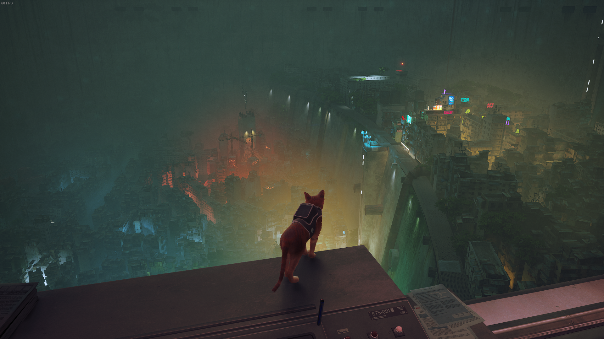 The cat of Stray overlooks The Slums, Midtown and more from the Control Room.