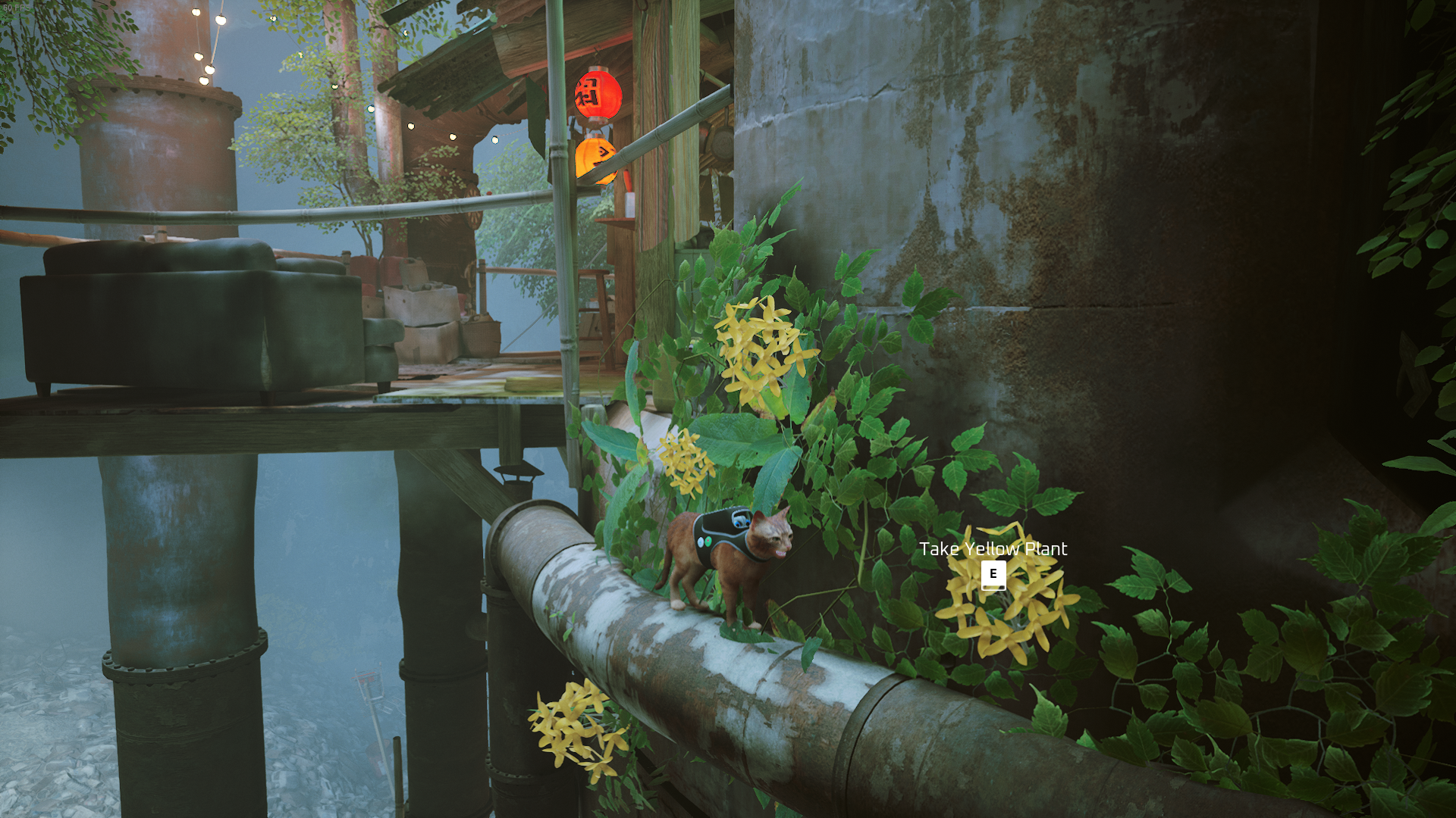 The cat of Stray climbs a pipe to collect a yellow flower in Antvillage.