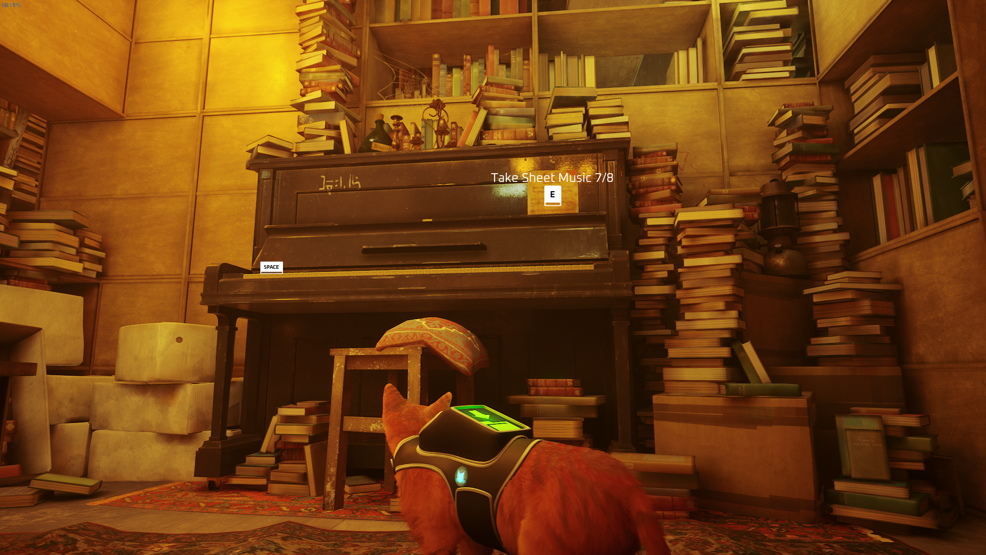 The Outsider looks at a piece of sheet music sat on the piano in the library in Stray.