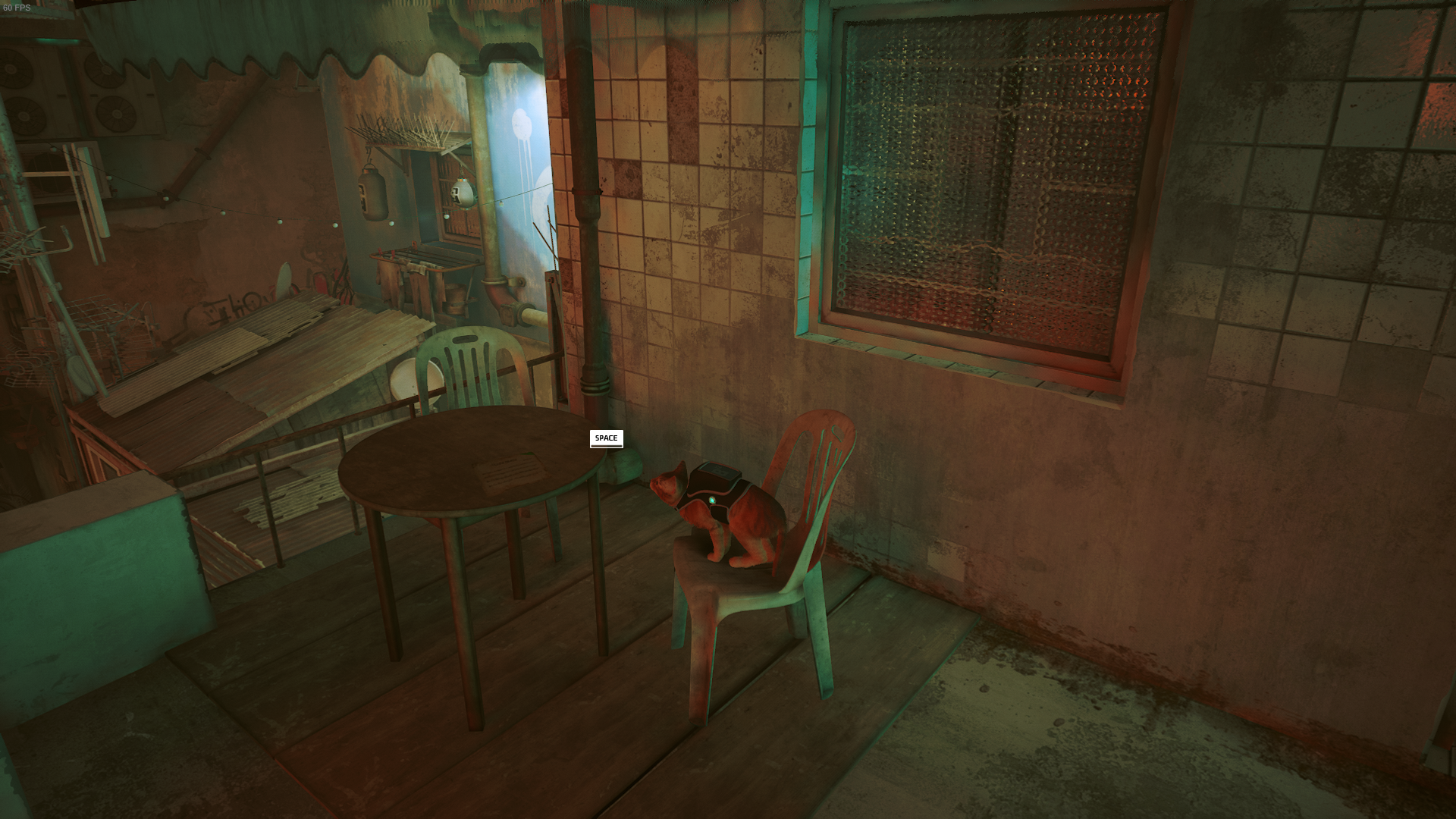 The Outsider of Stray looks at a piece of Sheet Music on a table outside of Clementine's flat.