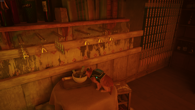 The cat looks at a bowl of uneaten food in the upstairs of Dufer Bar in Stray.