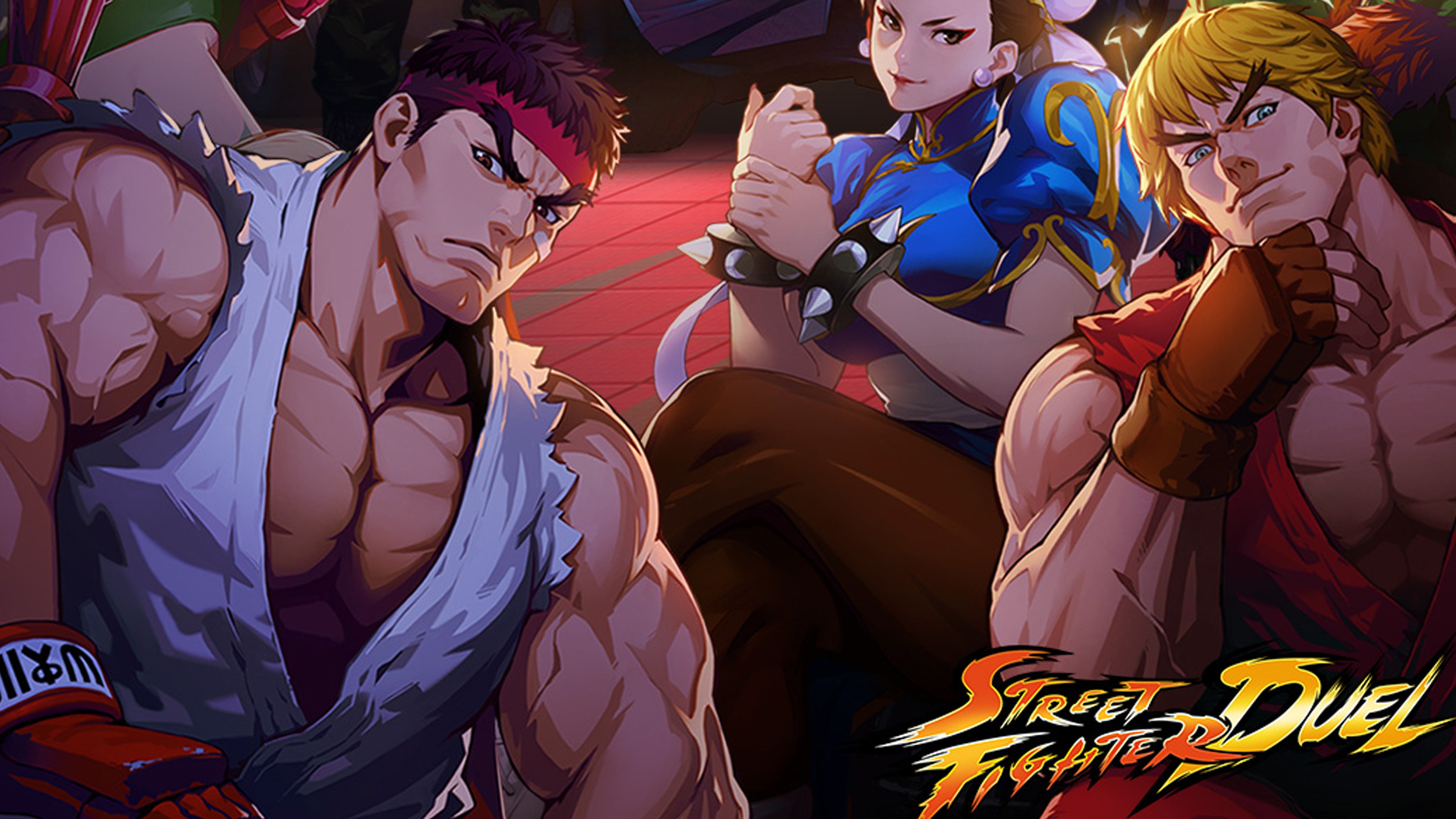 Artwork for Street Fighter Duel showing iconic characters Ken, Ryu and Chun-Li.