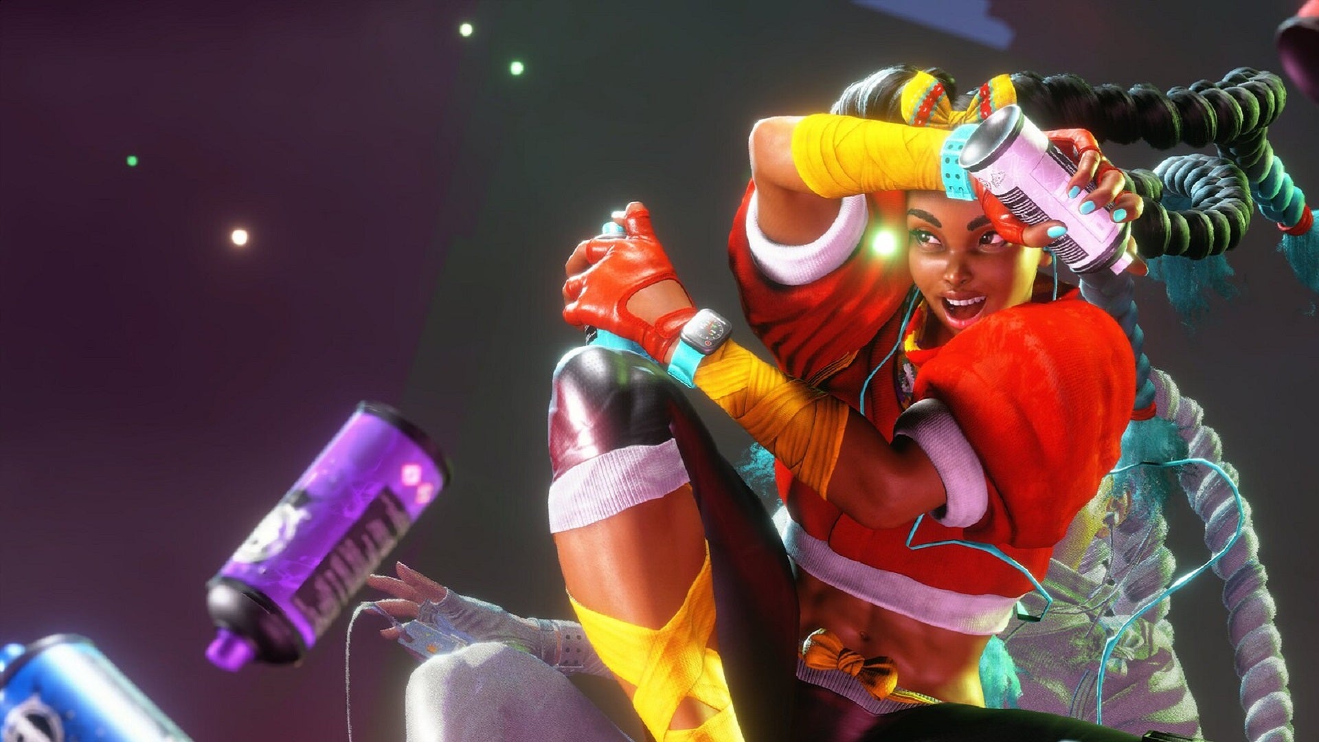 Kimberly from Street Fighter 6, posing with their spray cans (via Evo 2022 reveal trailer).