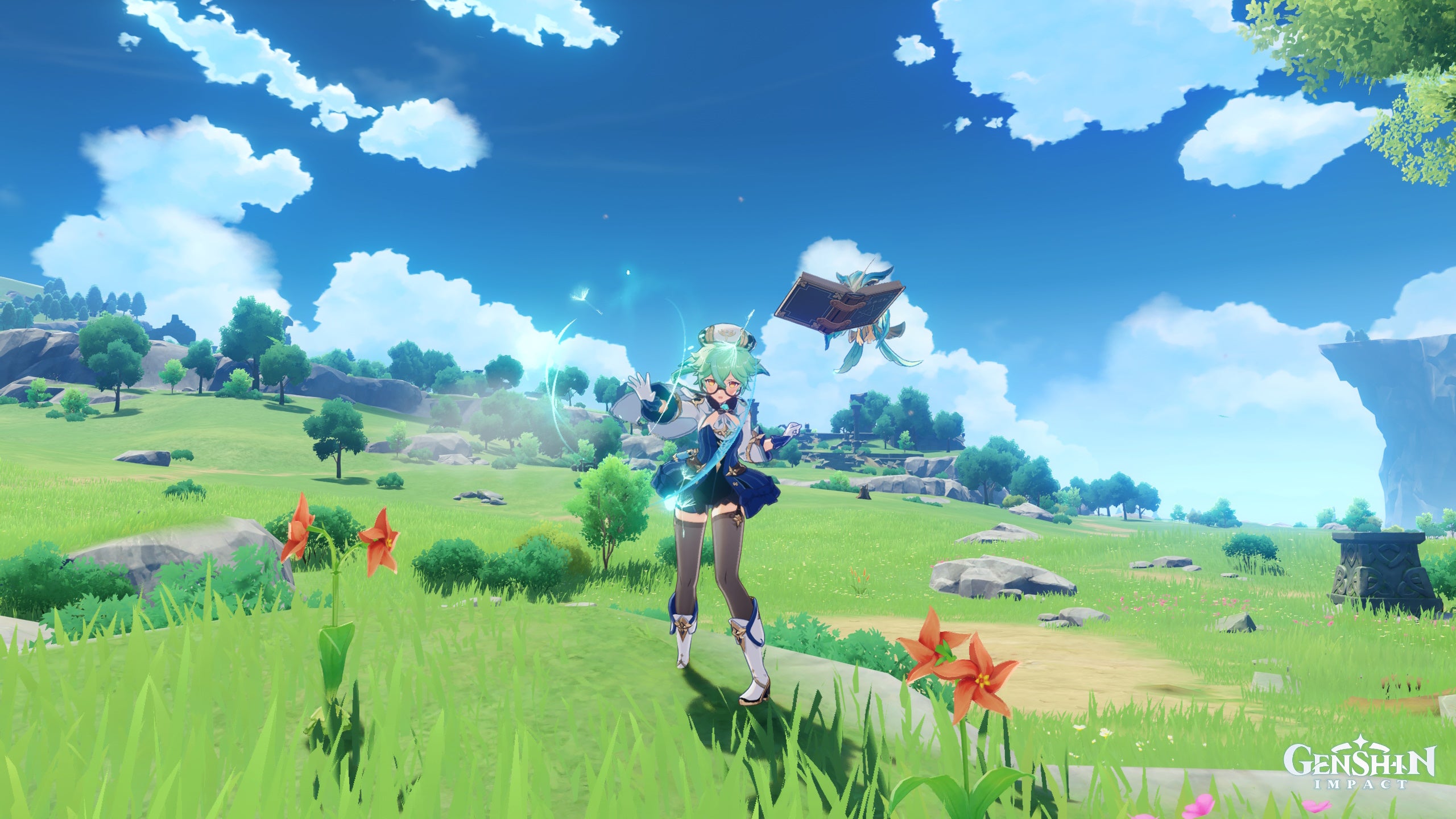 Genshin Impact Sucrose materials: An anime girl with short green hair, wearing a blue and white cap and onesie, is standing in the middle of a vibrant green field. Flowers surround her, and she's creating a small green whirlwind with her right hand.