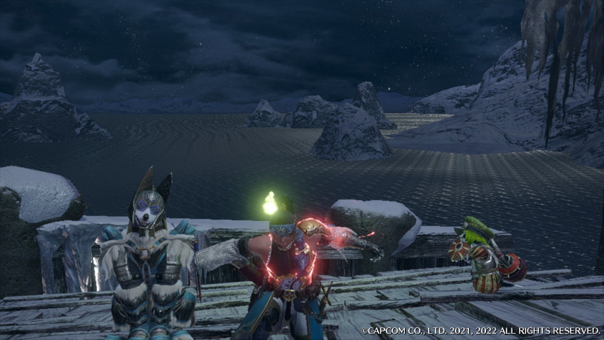 The ocean in Frost Islands as a Hunter, Palico, and Palamute wait for the Monksnail