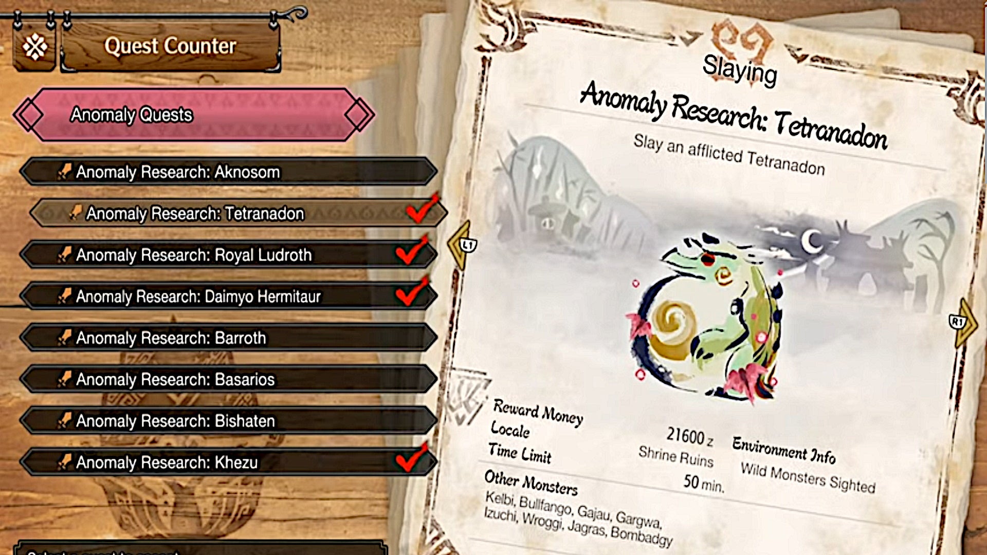 A list of afflicted monster research quests