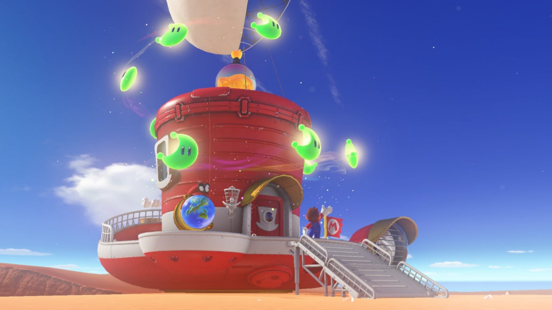 Mario looks up at the Odyssey Ship, powered by moons, in Super Mario Odyssey.