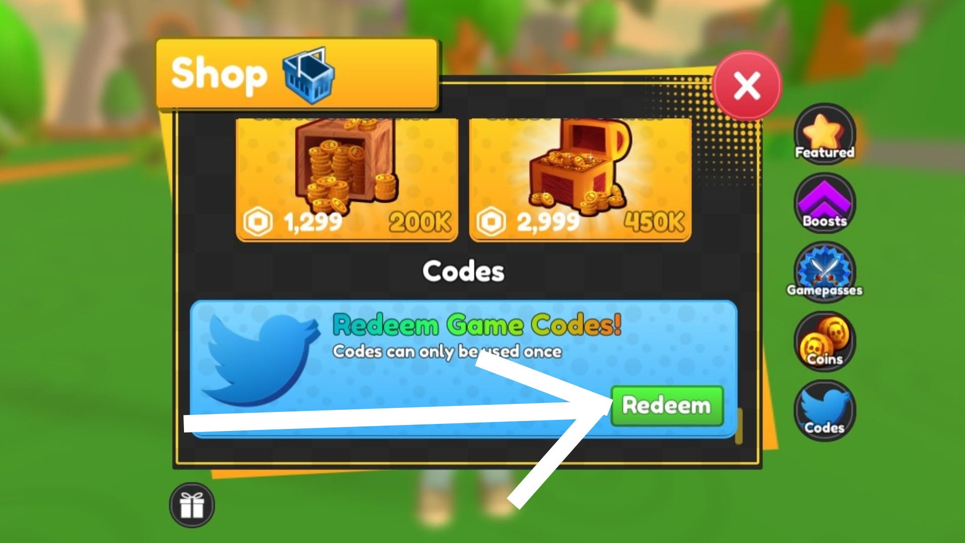 Sword Fighters Simulator, a white arrow is pointing at the 'redeem' button for the code redemption menu.
