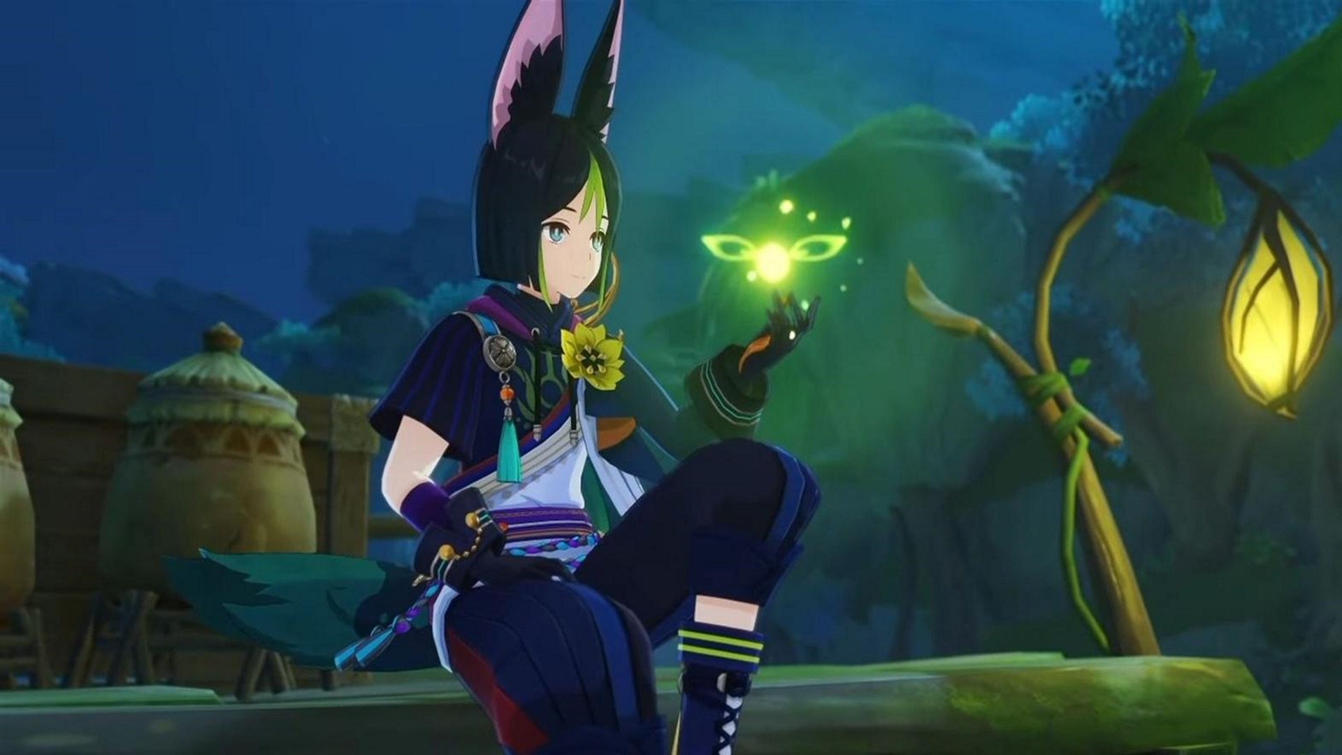 Tighnari teams: A young man in green sits on a log and looks at a firefly