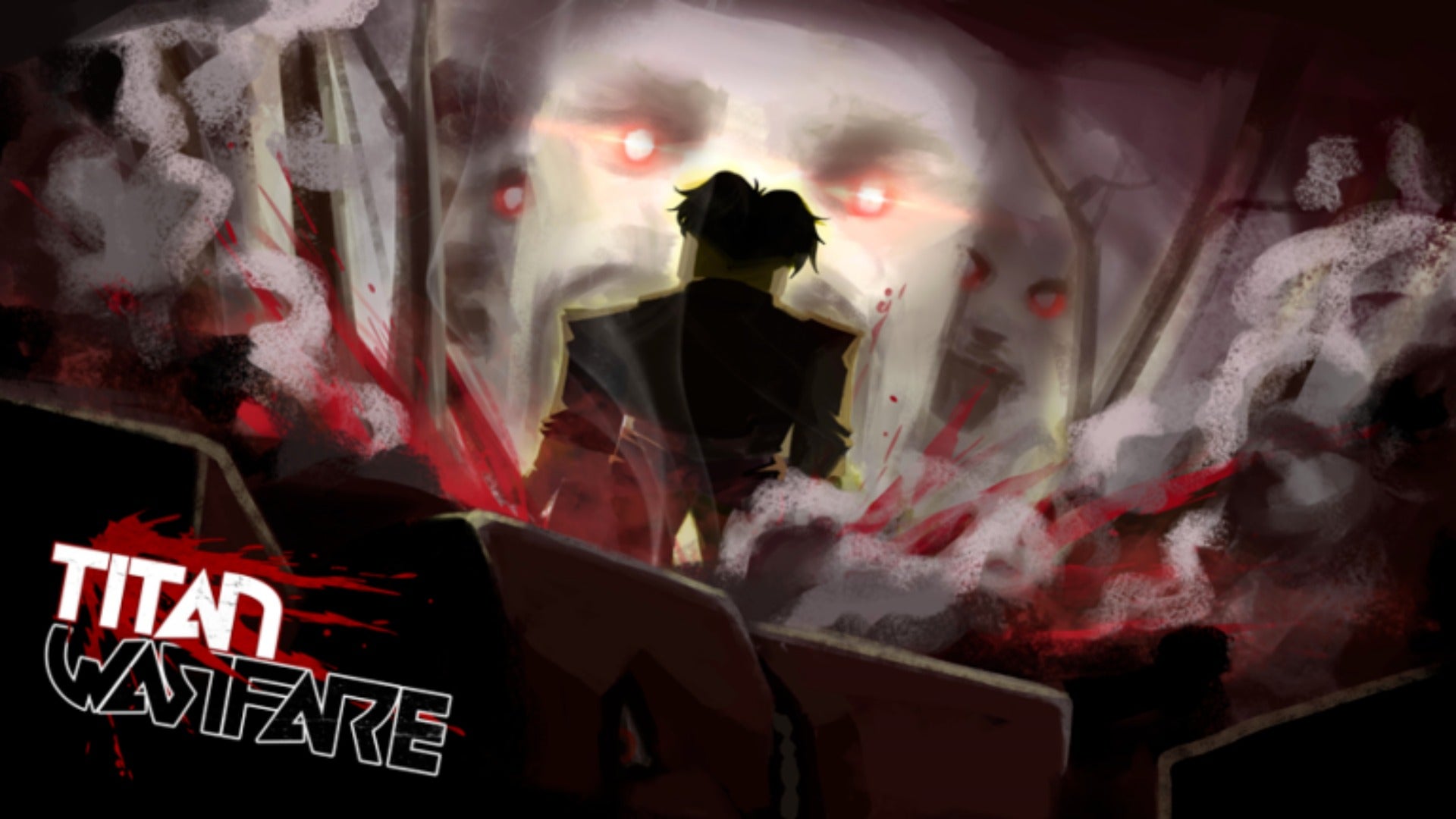Titan Warfare promo art, a player facing the head of a titan with glowing red eyes