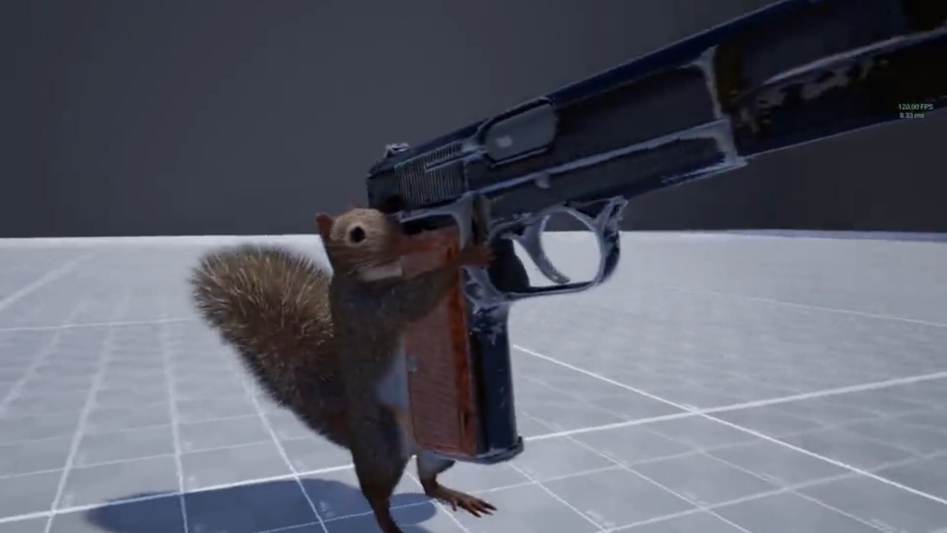 A squirrel holding a glock in UE5. His little hands can't reach the trigger so it's okay.