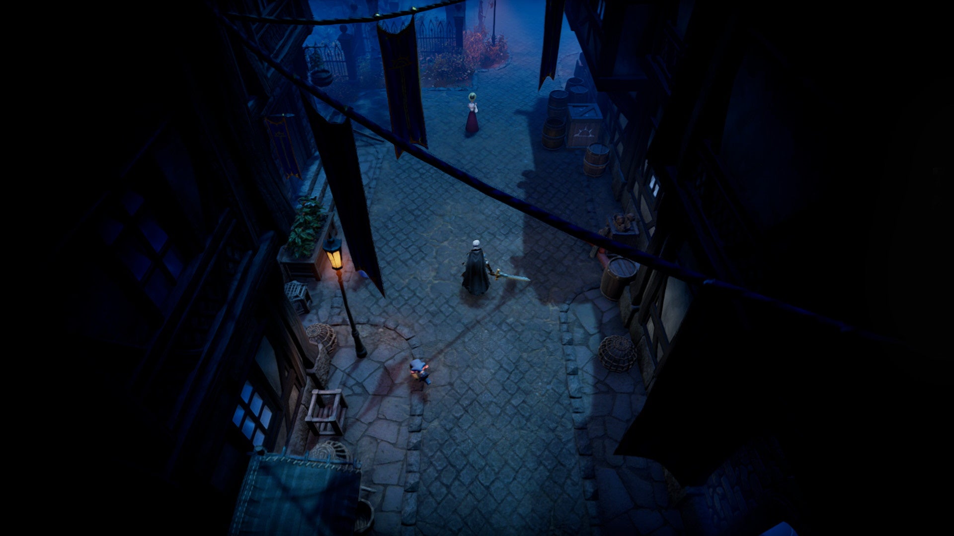 V Rising, a character is walking through stone streets holding a large sword beside them