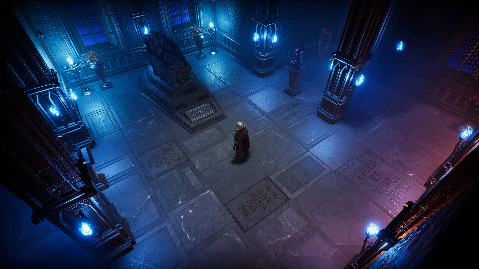 V Rising, character inside a Vampire castle is standing in a dark room looking at a large stone coffin in front of them. Blue flame-lit torches line the room.